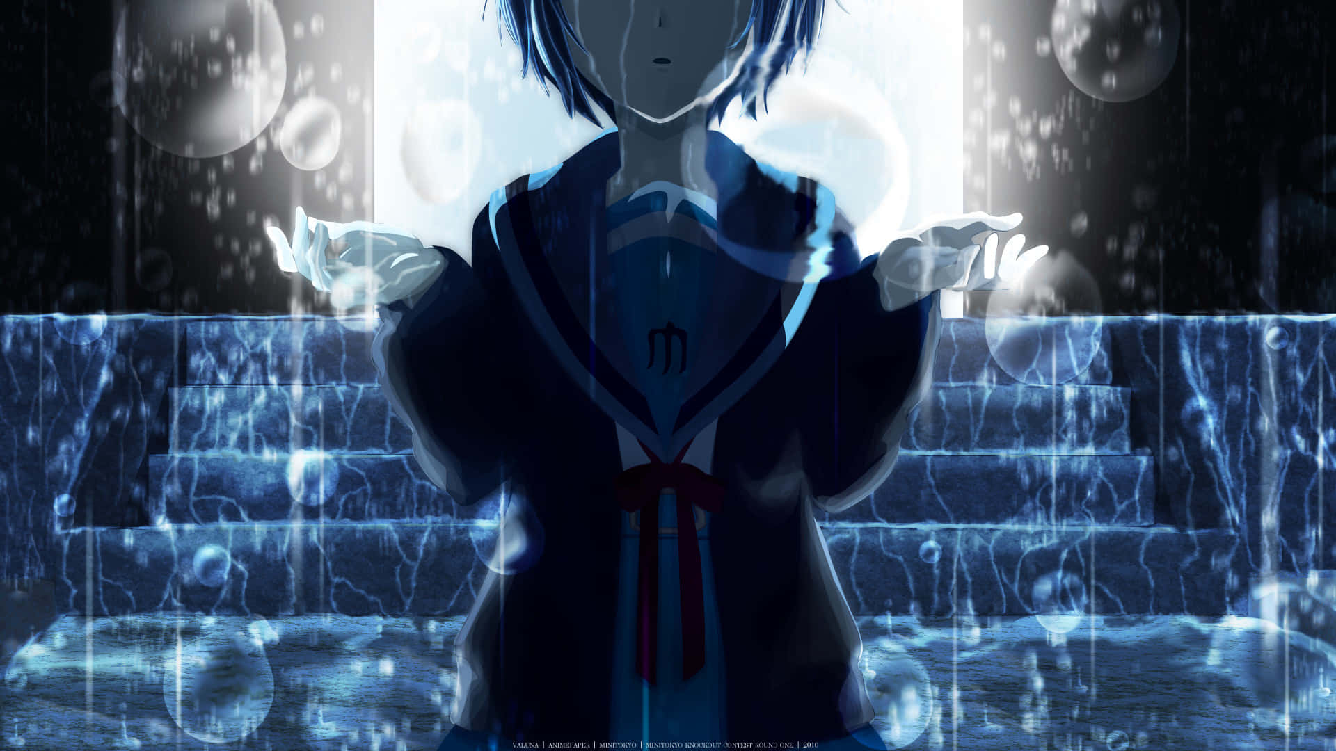 描繪少年掙扎的悲傷動畫場景 壁紙 — 一個藍髮動漫女孩穿著水手服，站在發光的樓梯前，氣泡在雨中飄浮，營造出夢幻般的場景。