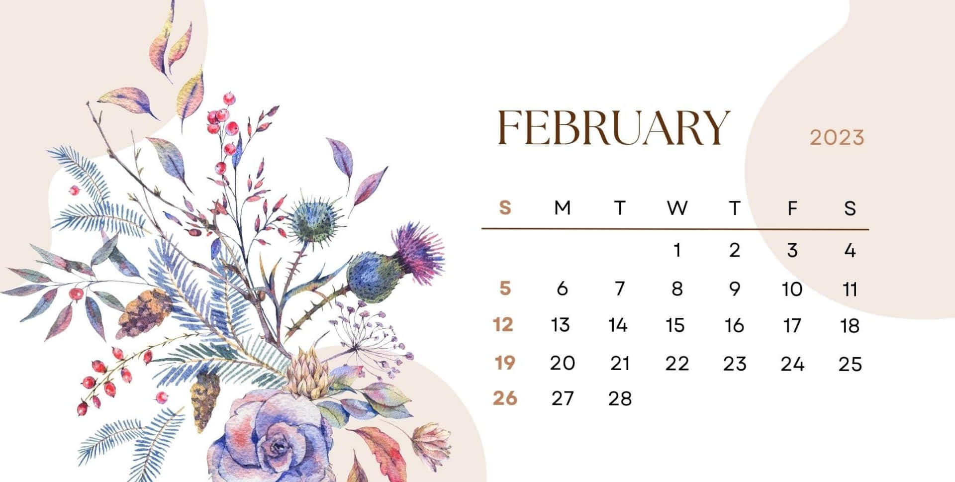 2023年2月月曆，水彩花卉和薊花，米色背景。