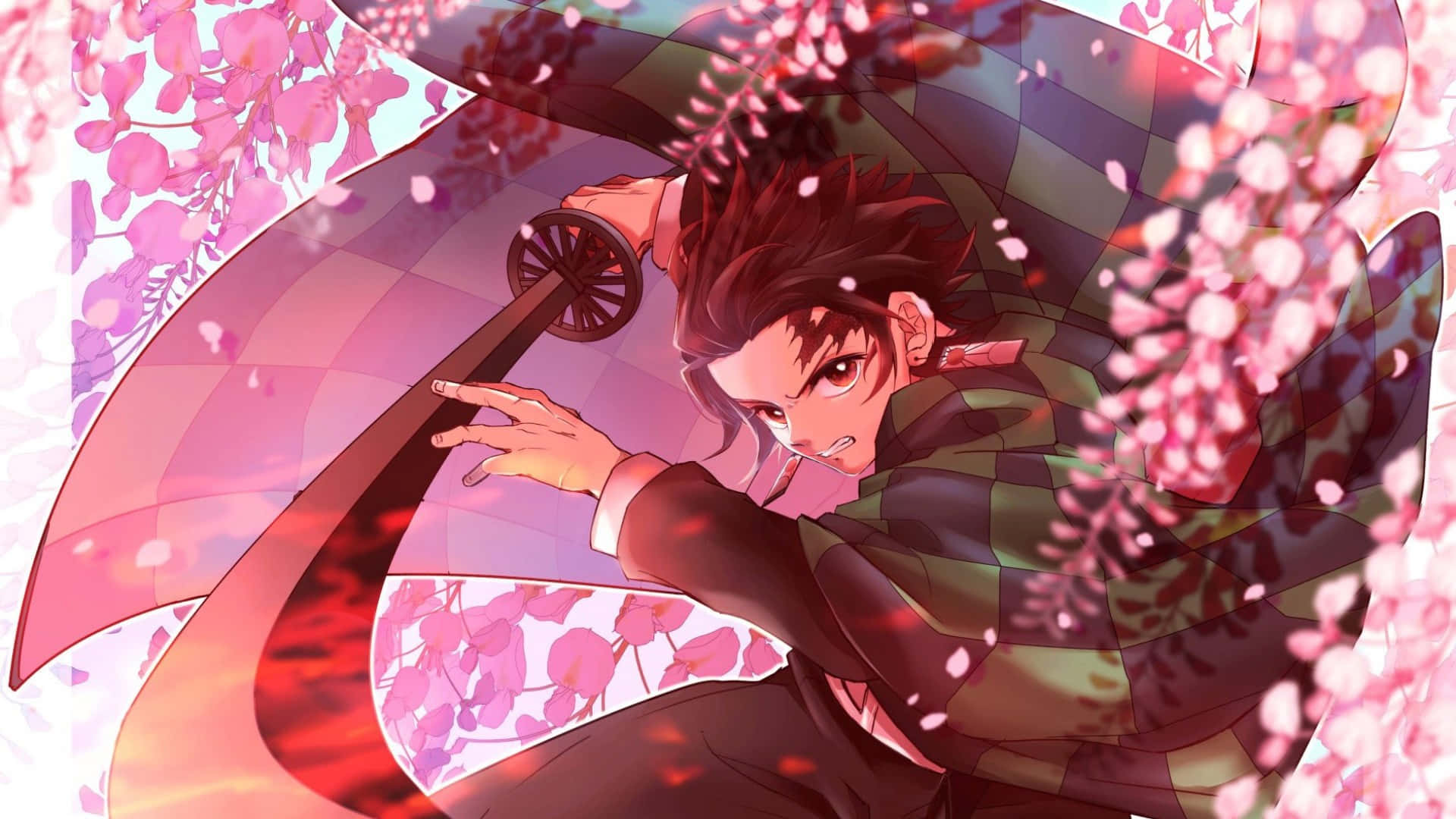 紅髮格仔和服動漫戰士在櫻花中揮舞劍。