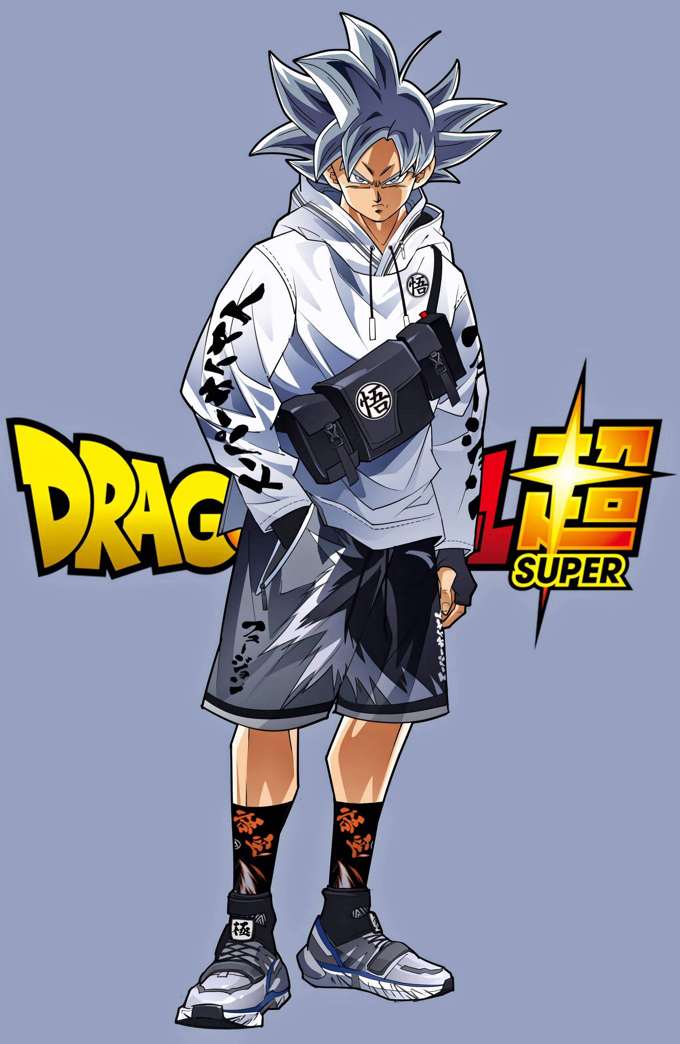 提升你的潮流風格，選擇悟空潮牌！ 壁紙 — 動漫角色，銀色尖刺頭髮和戰鬥裝備，自信地站在純紫色背景前，帶有「龍珠超」標誌。