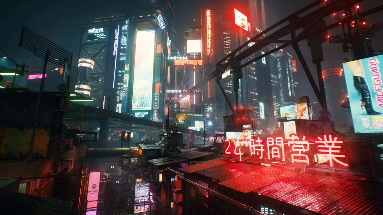 未來主義的夜晚城市，帶有霓虹燈招牌和雨濕的街道。