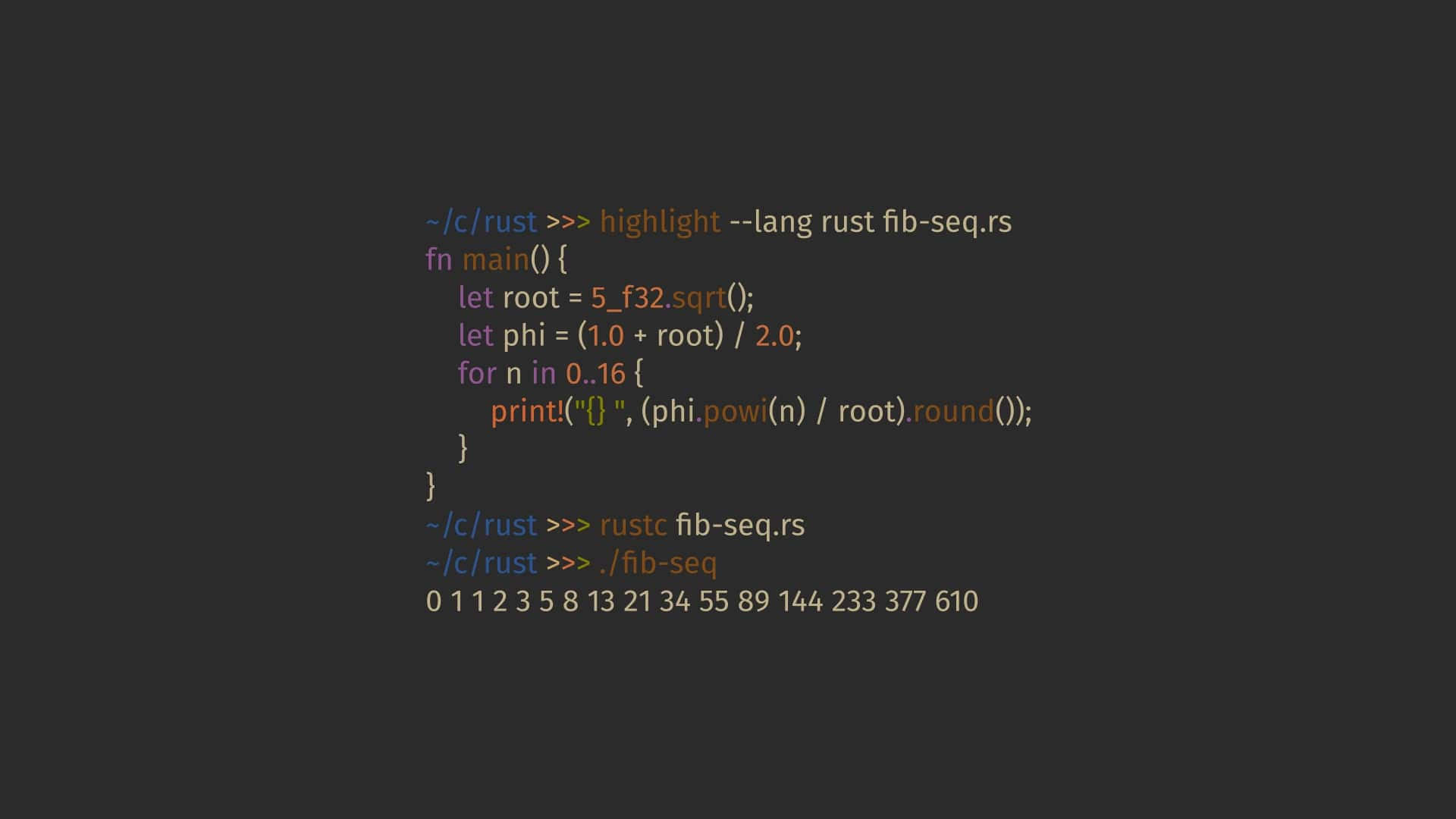 終端機視窗顯示產生斐波那契數列輸出的 Rust 程式碼