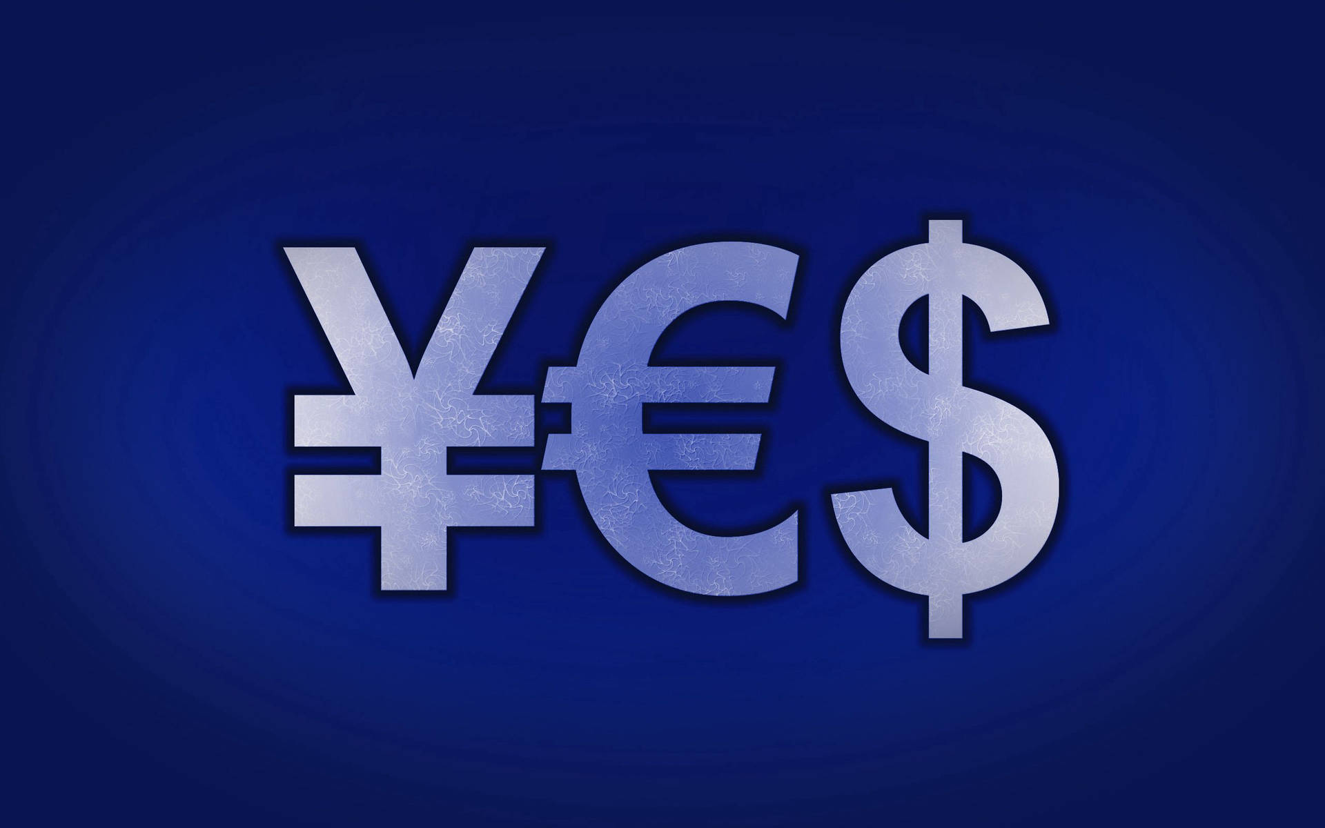 三個貨幣符號日元歐元美元在藍色漸變背景上。