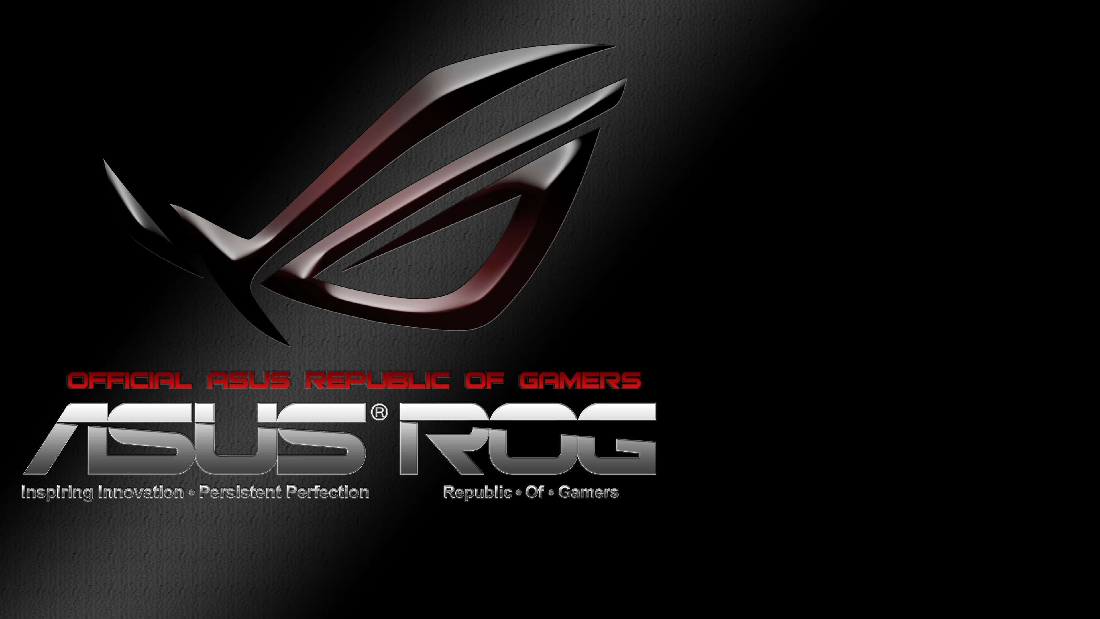 提升你的遊戲體驗，選擇 ASUS ROG 壁紙 — 一個時尚的金屬ROG標誌在深色紋理背景上以紅色點綴發光，並帶有粗體品牌文字。