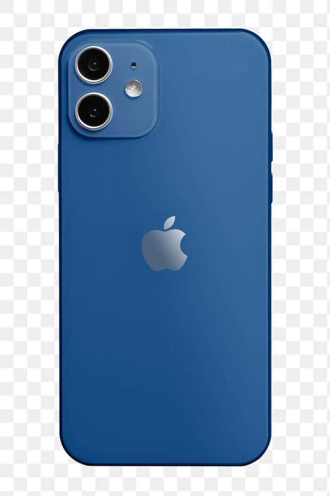 提升工作效率，盡享 iPhone 12 壁紙 — 一部時尚的藍色 iPhone，配備雙鏡頭和銀色 Apple 標誌，背景為透明方格。