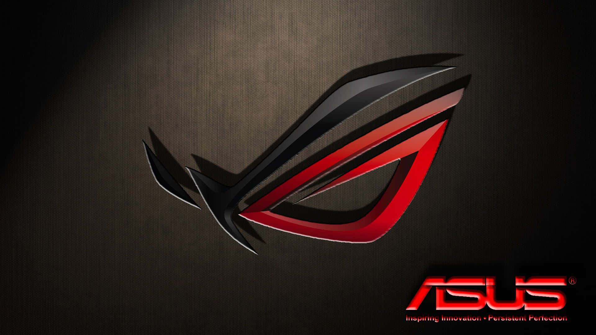 ASUS ROG 遊戲標誌，紅黑色設計，深色紋理背景。