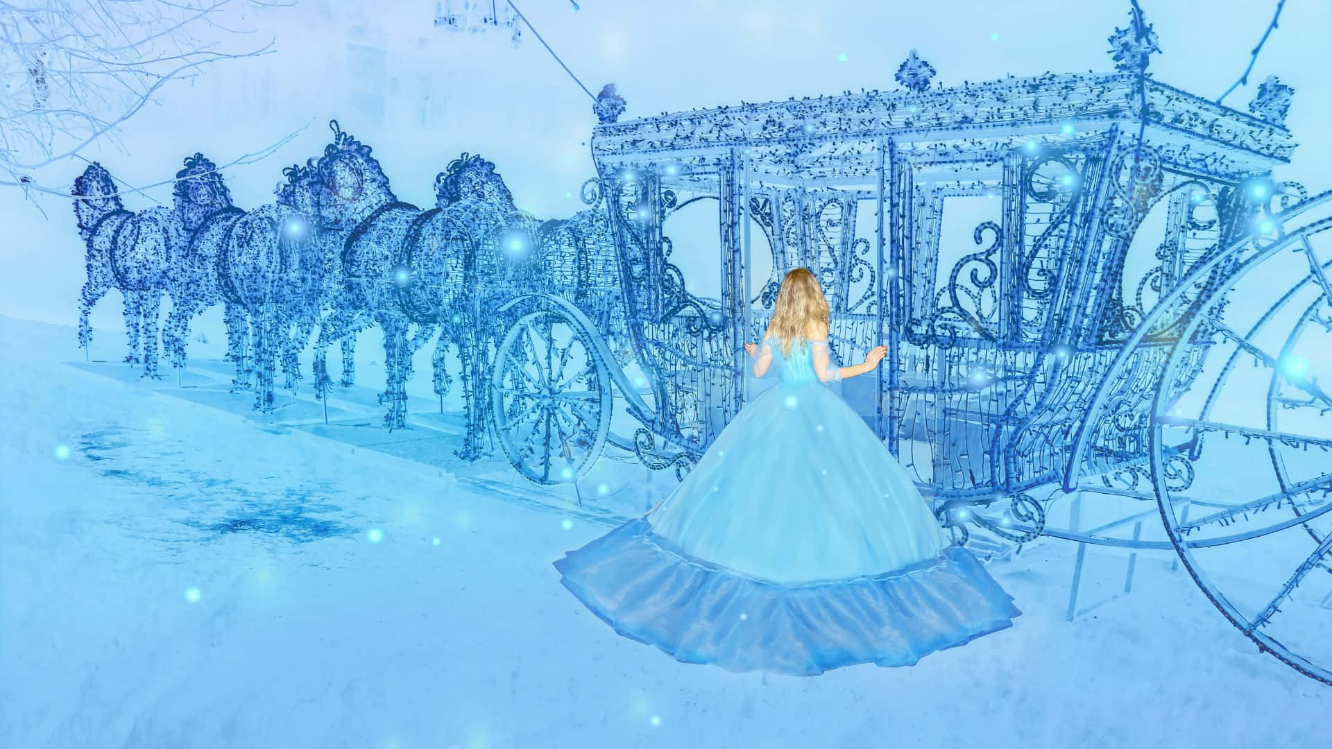 藍裙公主在雪地冬日場景中面對華麗線框馬車。