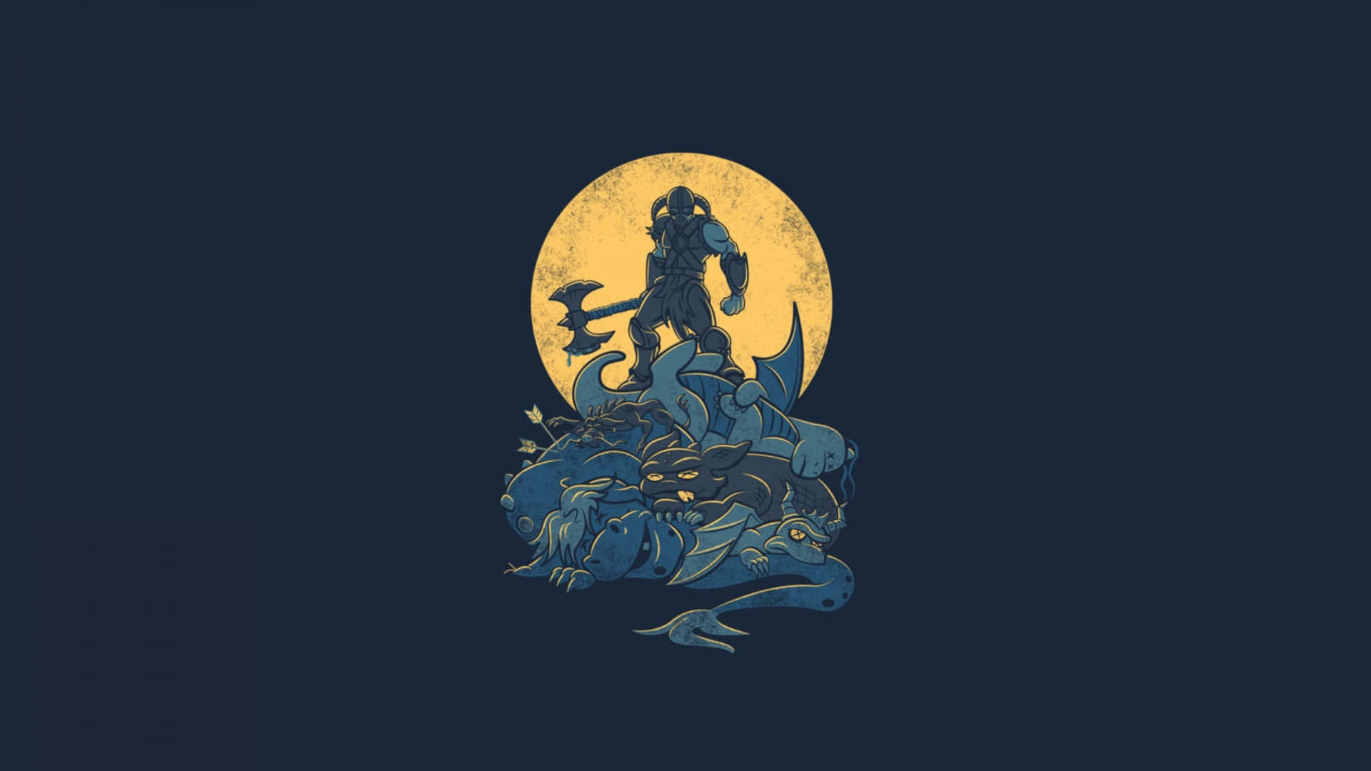戰士站在被擊敗的怪物之上，滿月之下。