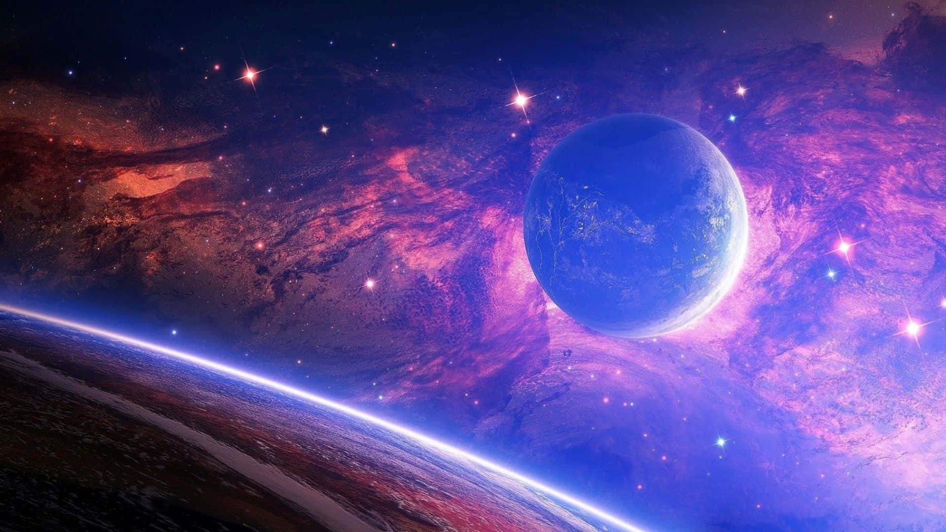 提升裝置美感的高解析度全高清背景 壁紙 — 一顆發光的藍色行星漂浮在佈滿明亮星星的旋轉紫色和紅色宇宙雲中。