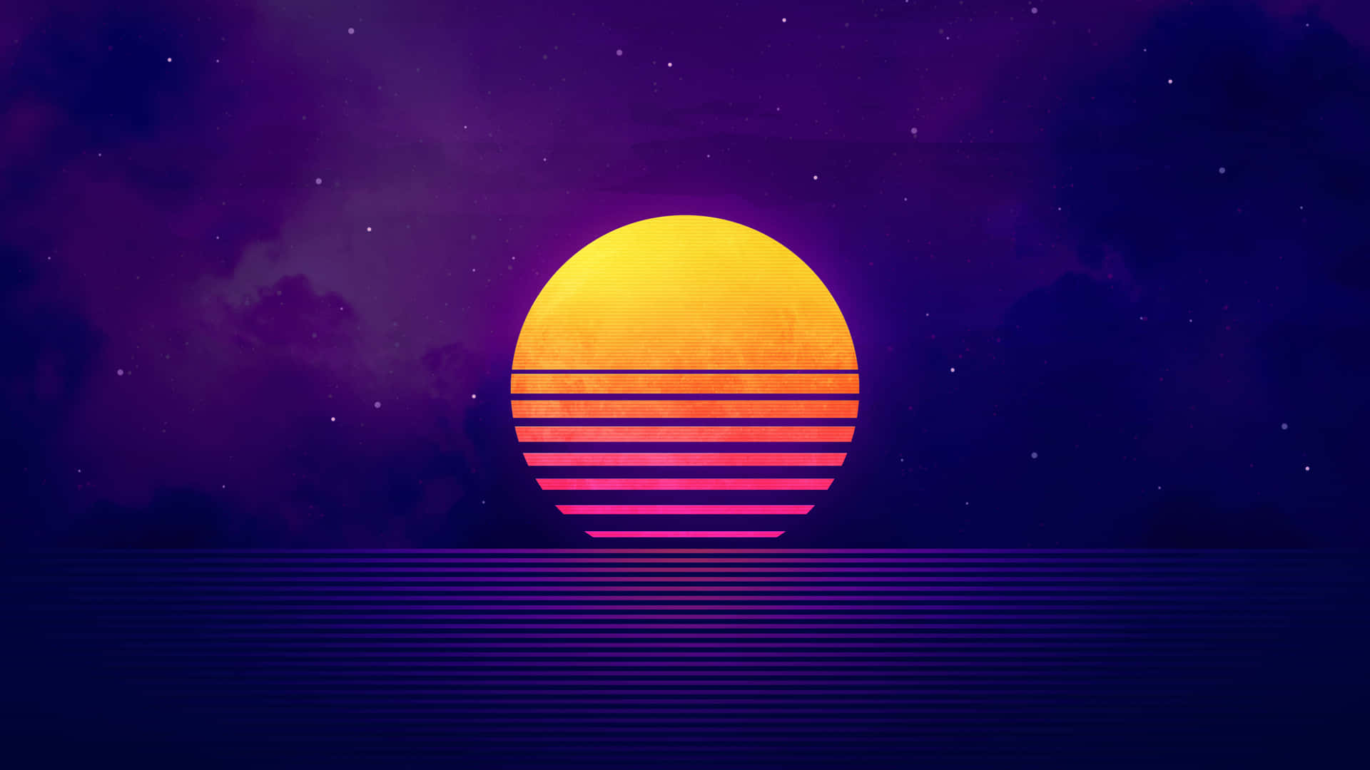 一個風格化的復古太陽在星空下落在紫色海洋上。