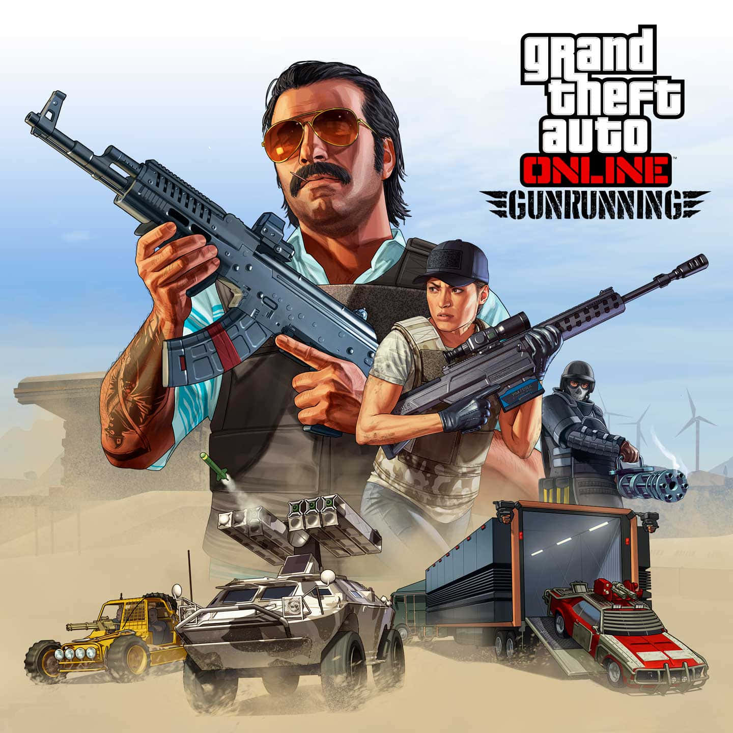 GTA Online Gunrunning 宣傳藝術，展示沙漠中的武裝角色和裝甲車輛。