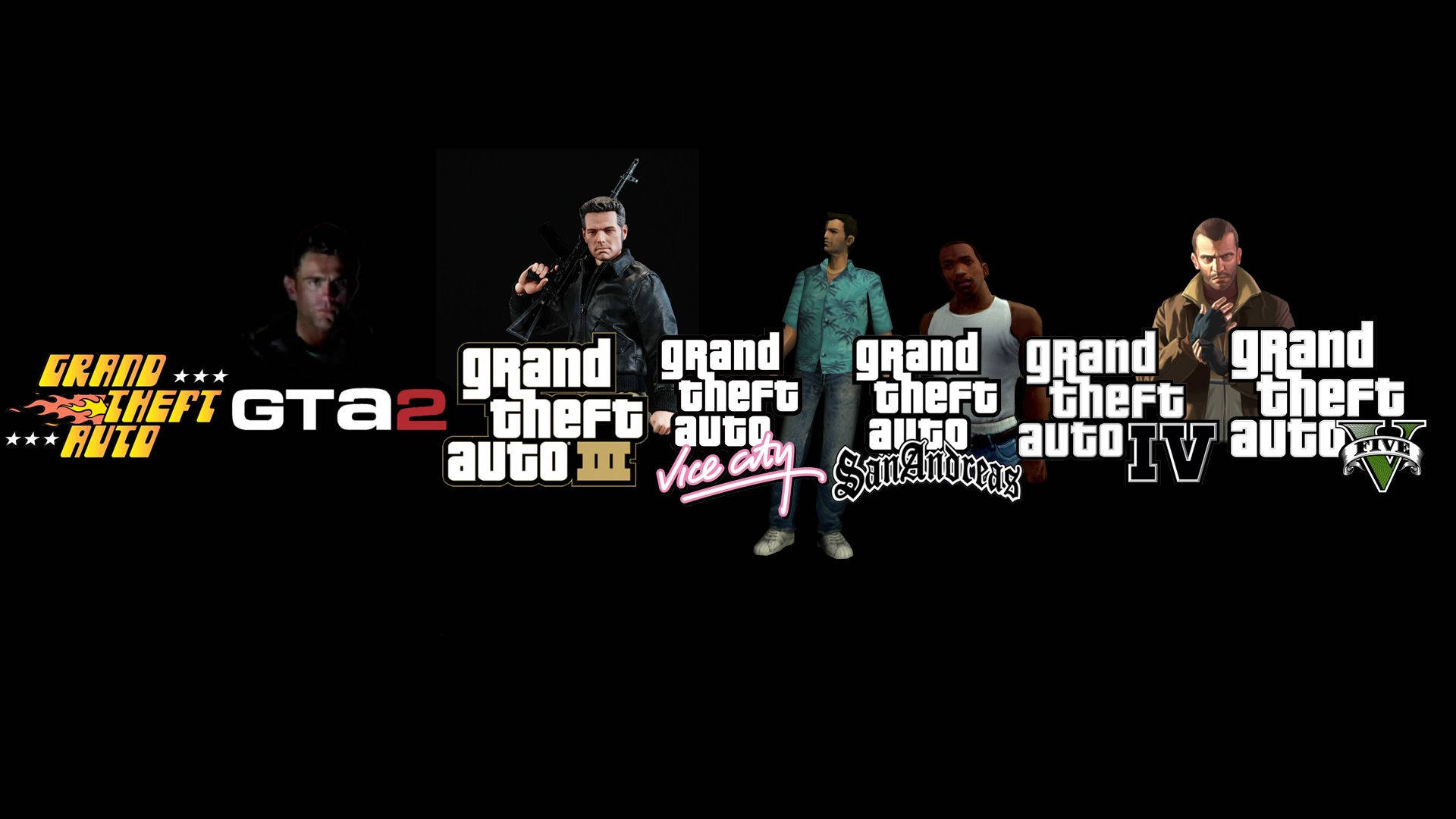 《Grand Theft Auto》遊戲標誌和角色排成一列顯示。