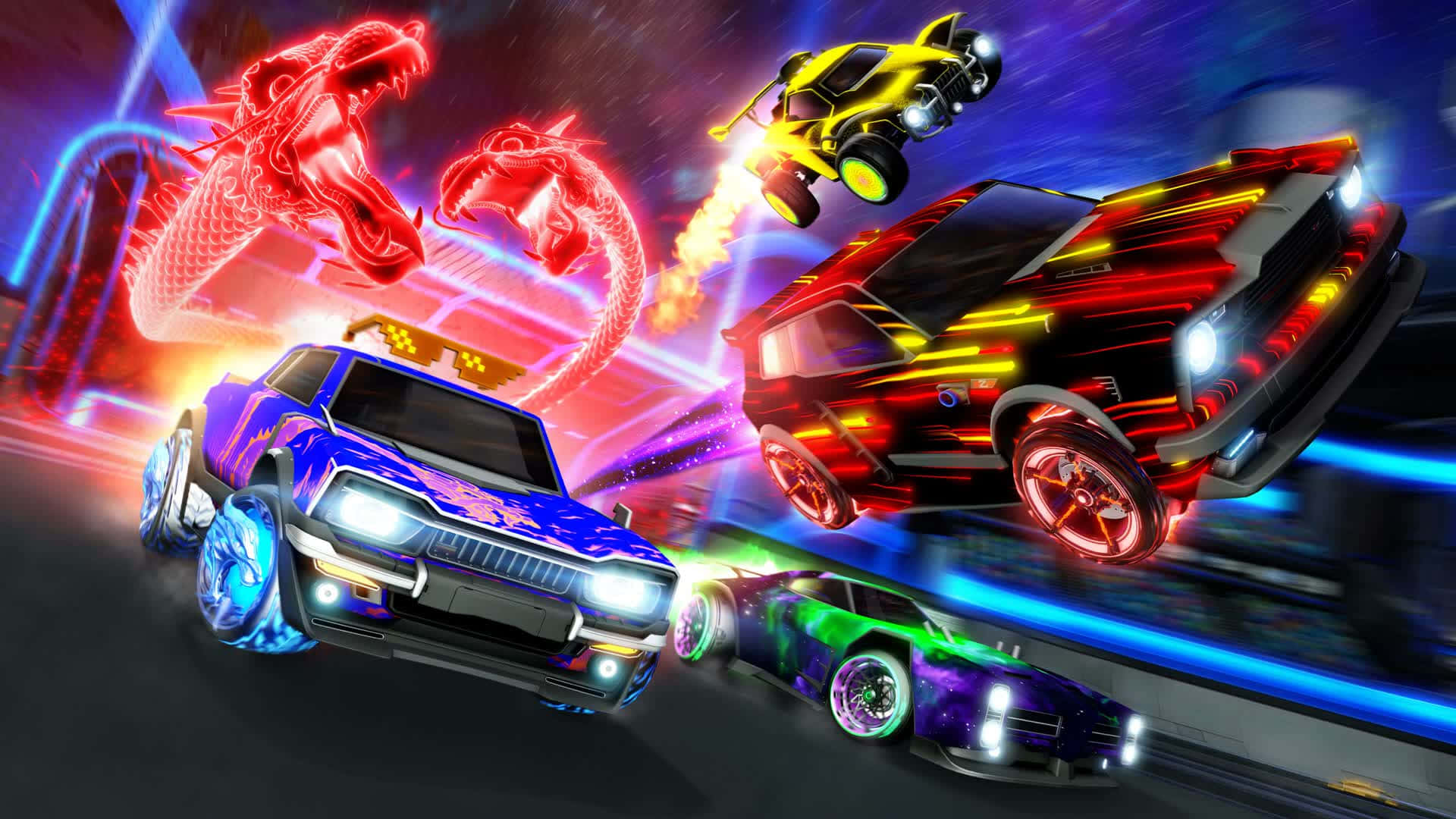 提升駕駛技巧，飛躍新高度——《Rocket League》 壁紙 — 充滿活力的霓虹燈賽車在未來主義賽道上疾馳，伴隨著發光的龍和動態的光跡。