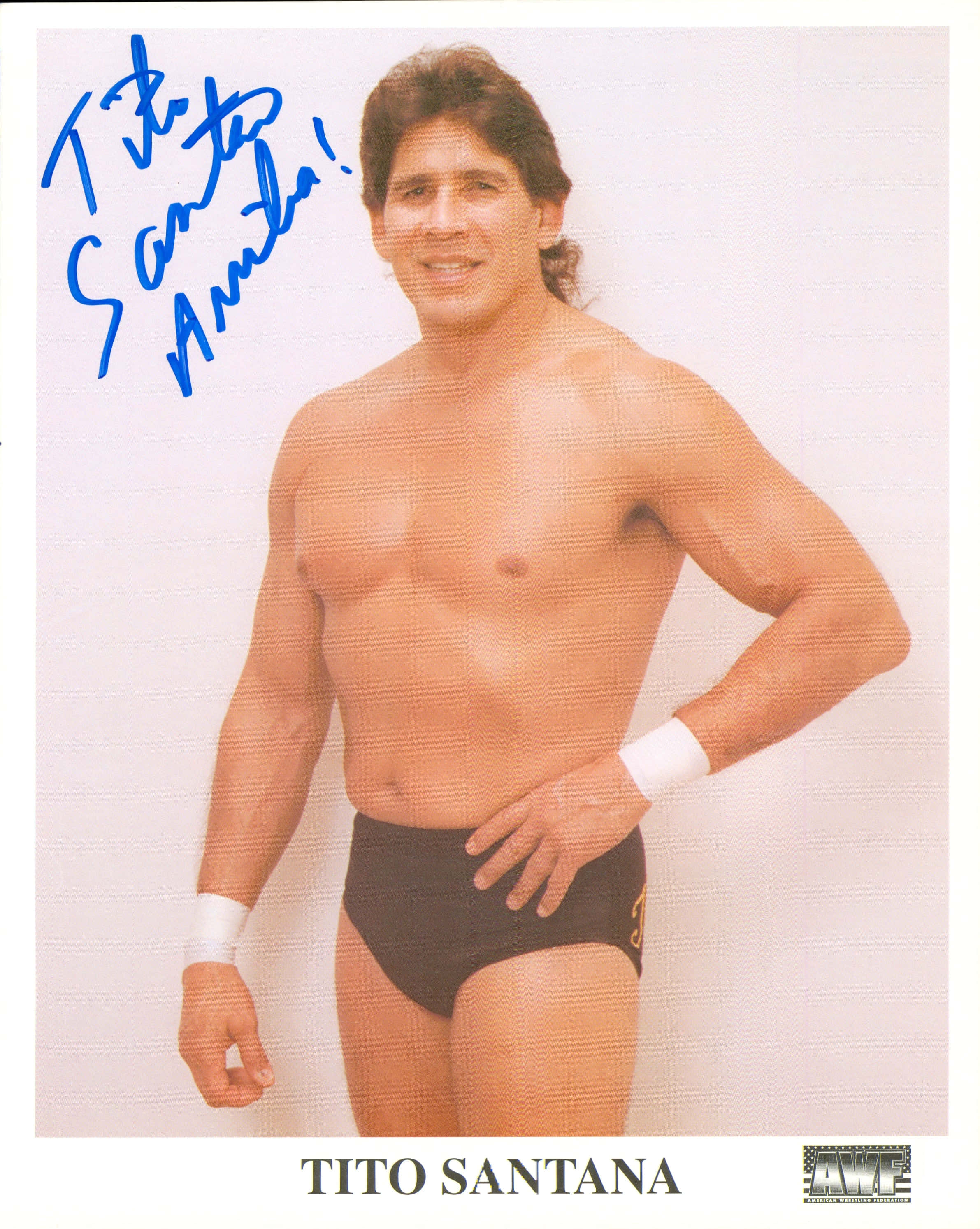 提托·桑塔納AWF簽名海報 壁紙 — Tito Santana 自信地微笑，身穿帶有簽名和WWE標誌的摔角短褲。