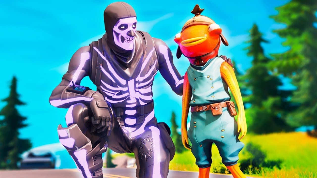 兩個Fortnite角色，一個發光骷髏和一個魚生物，一起站在戶外。