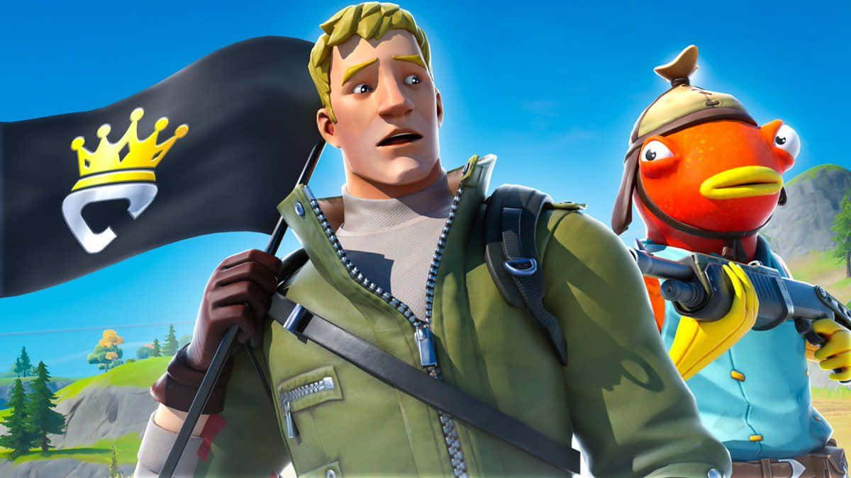 Fortnite角色在紅色魚角色旁邊手持皇冠旗幟。