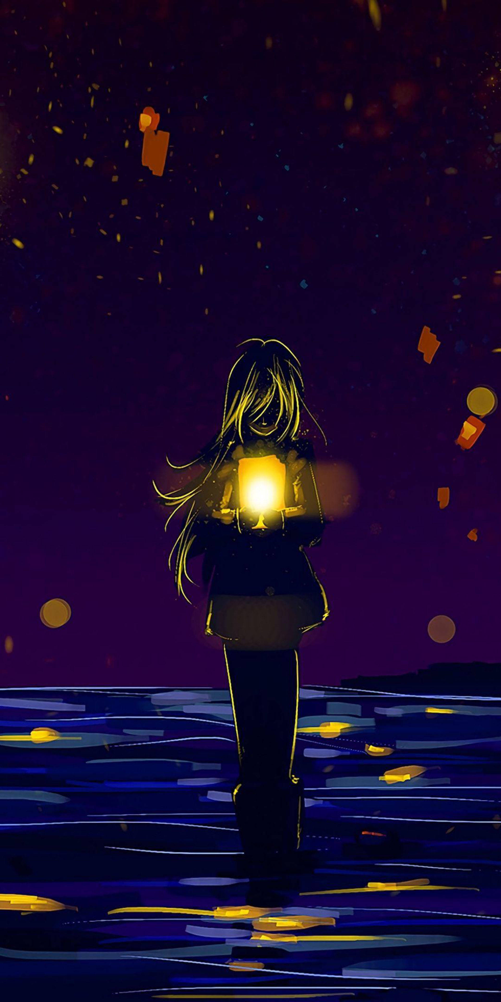 提著燈籠的傷感畫作 壁紙 — 一個孤獨的動畫女孩站在黑暗的水中，手持發光的燈籠，而彩色紙燈籠在紫色的夜空中漂浮。