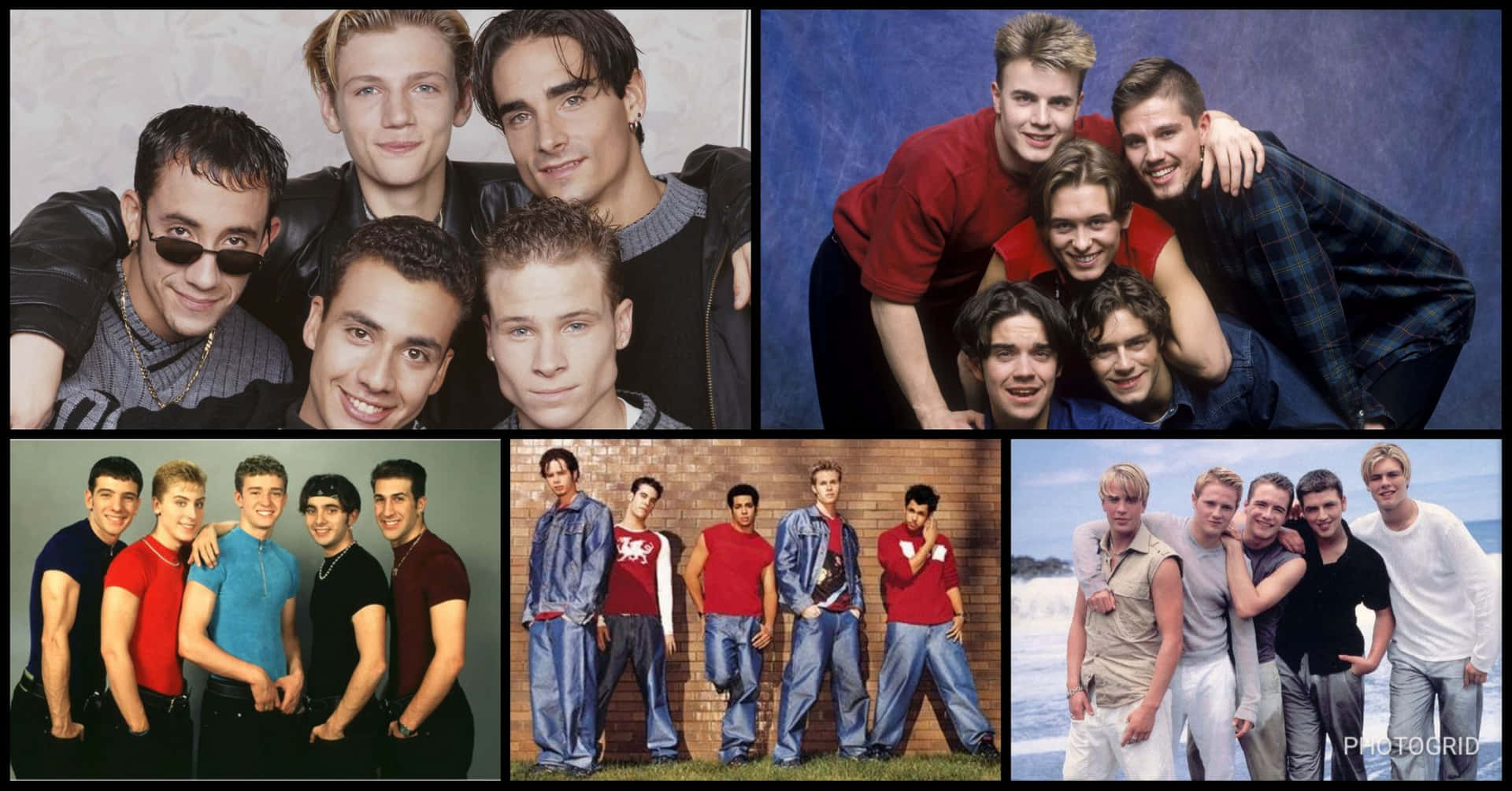 Backstreet Boys 在早期職業生涯的團體照片中擺姿勢。