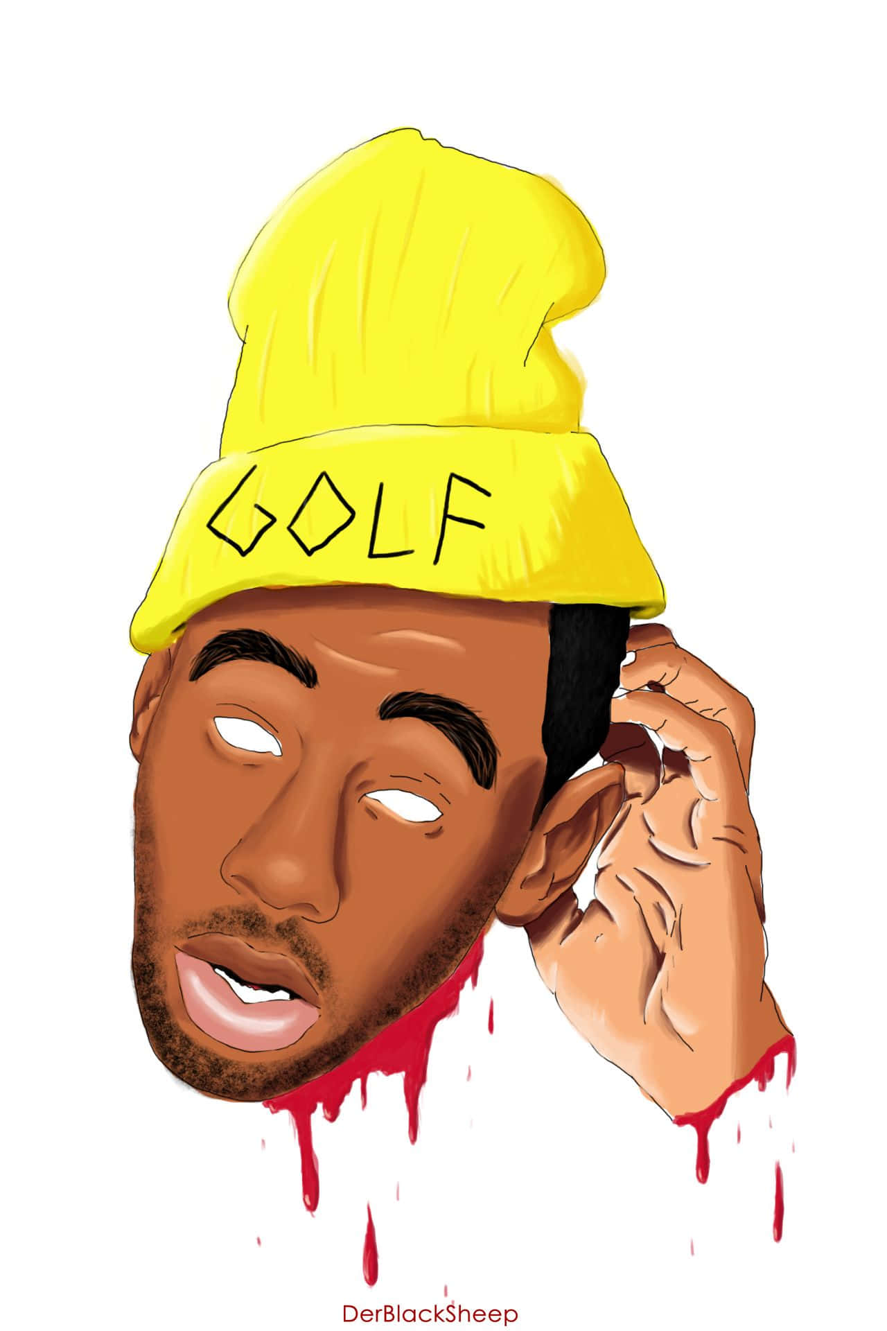 tyler the creator 桌布 壁紙 — 插圖中一名戴著黃色冷帽、上面寫有「GOLF」的男子，下巴滴著血，同時觸摸耳朵。