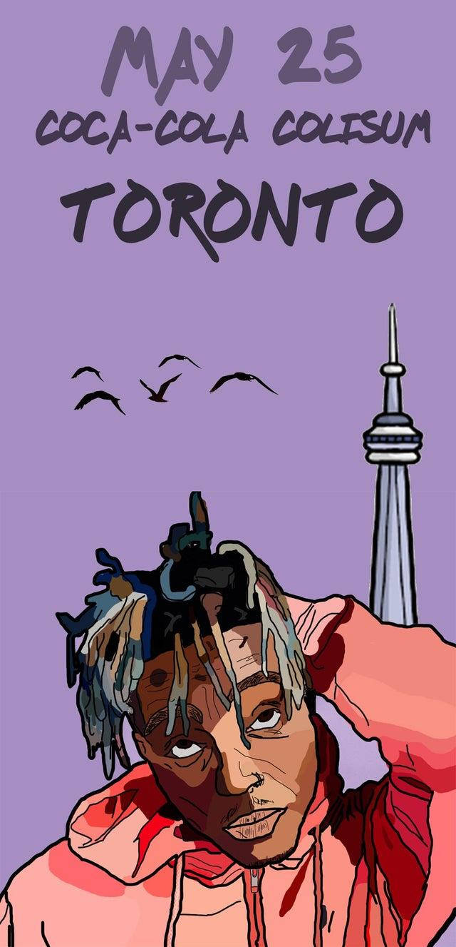 Juice WRLD 桌布 壁紙 — 插圖中一名男子留著彩色辮子，身穿粉紅色連帽衫，背景是紫色天空，多倫多CN塔和飛鳥。