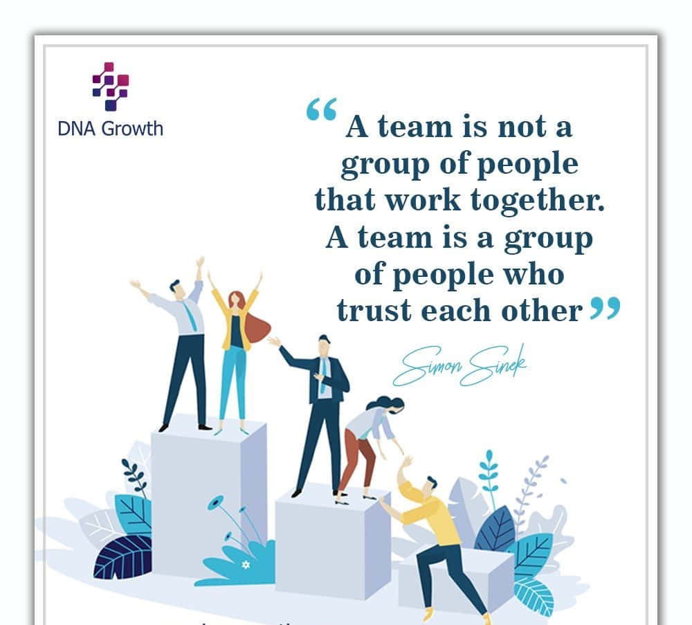 Teamwork Memes 桌布 壁紙 — 插圖中的團隊成員在浮動方塊上互相打氣和協助，並附有 Simon Sinek 的勵志名言。