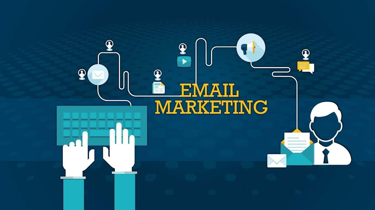 Email 桌布 壁紙 — 插圖中的手在鍵盤上打字，電子郵件營銷工作流程圖標流向接收訊息的商務人士。