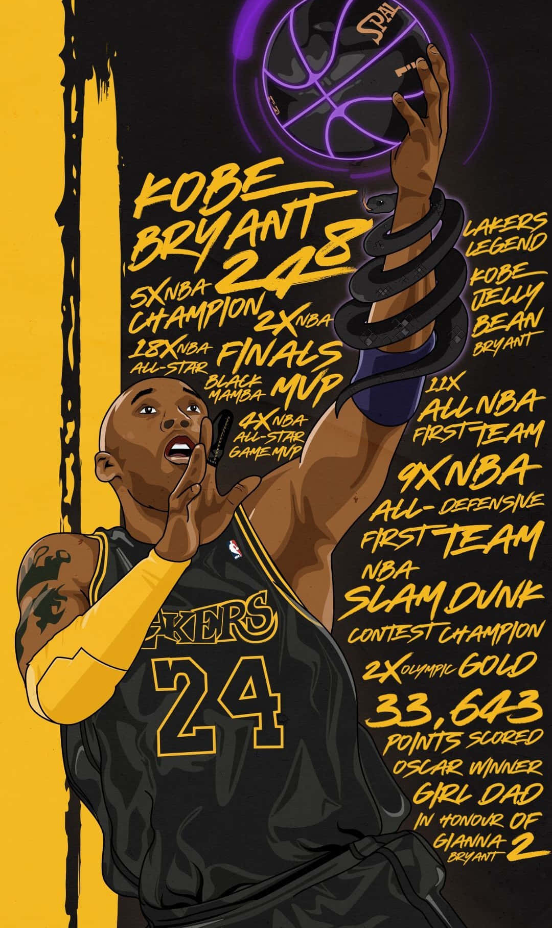 Kobe 桌布 壁紙 — 插圖中的高比·拜仁穿著湖人球衣，伸手觸碰一個發光的籃球，周圍環繞著他職業生涯的數據，以粗體黃色文字顯示。