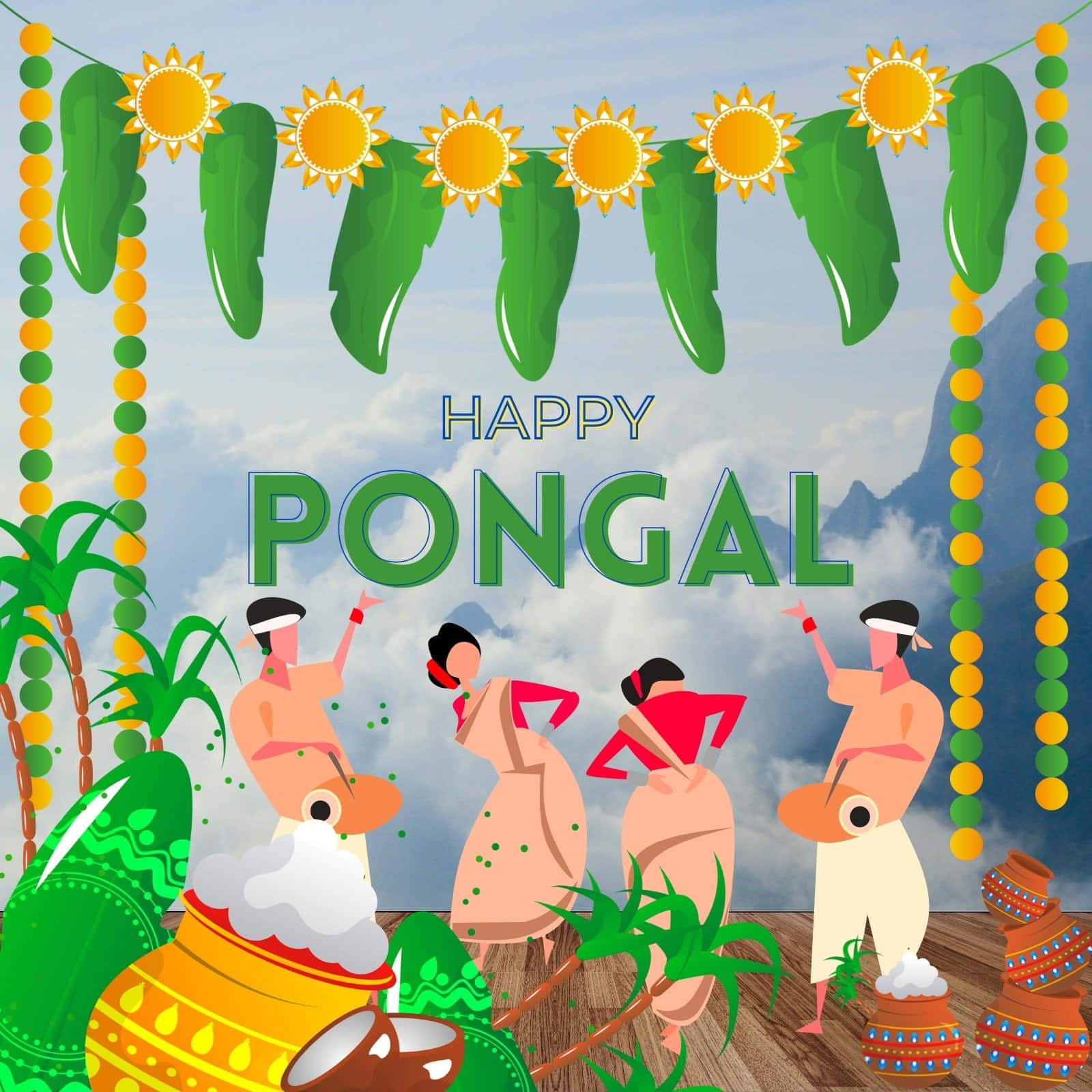 Pongal 桌布 壁紙 — 插圖人物在山巒天空背景下，用裝飾的罐子和太陽圖案慶祝豐收節。