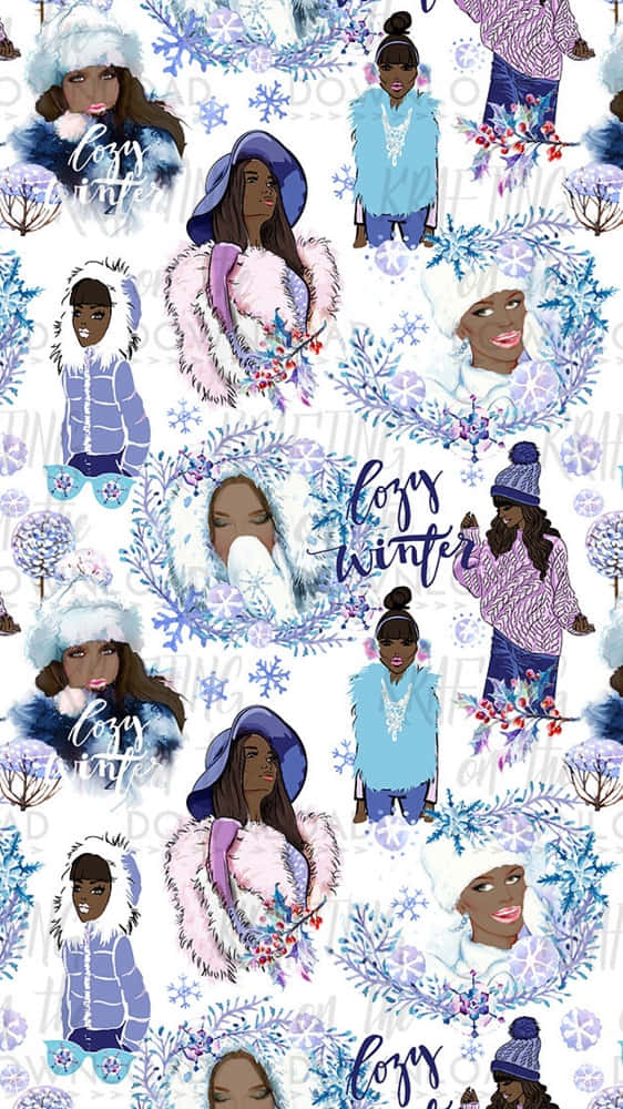 Winter Fashion 桌布 壁紙 — 插圖圖案，描繪多位不同女性穿著冬季服飾，被雪花和花環環繞，並帶有「Cozy Winter」字樣。