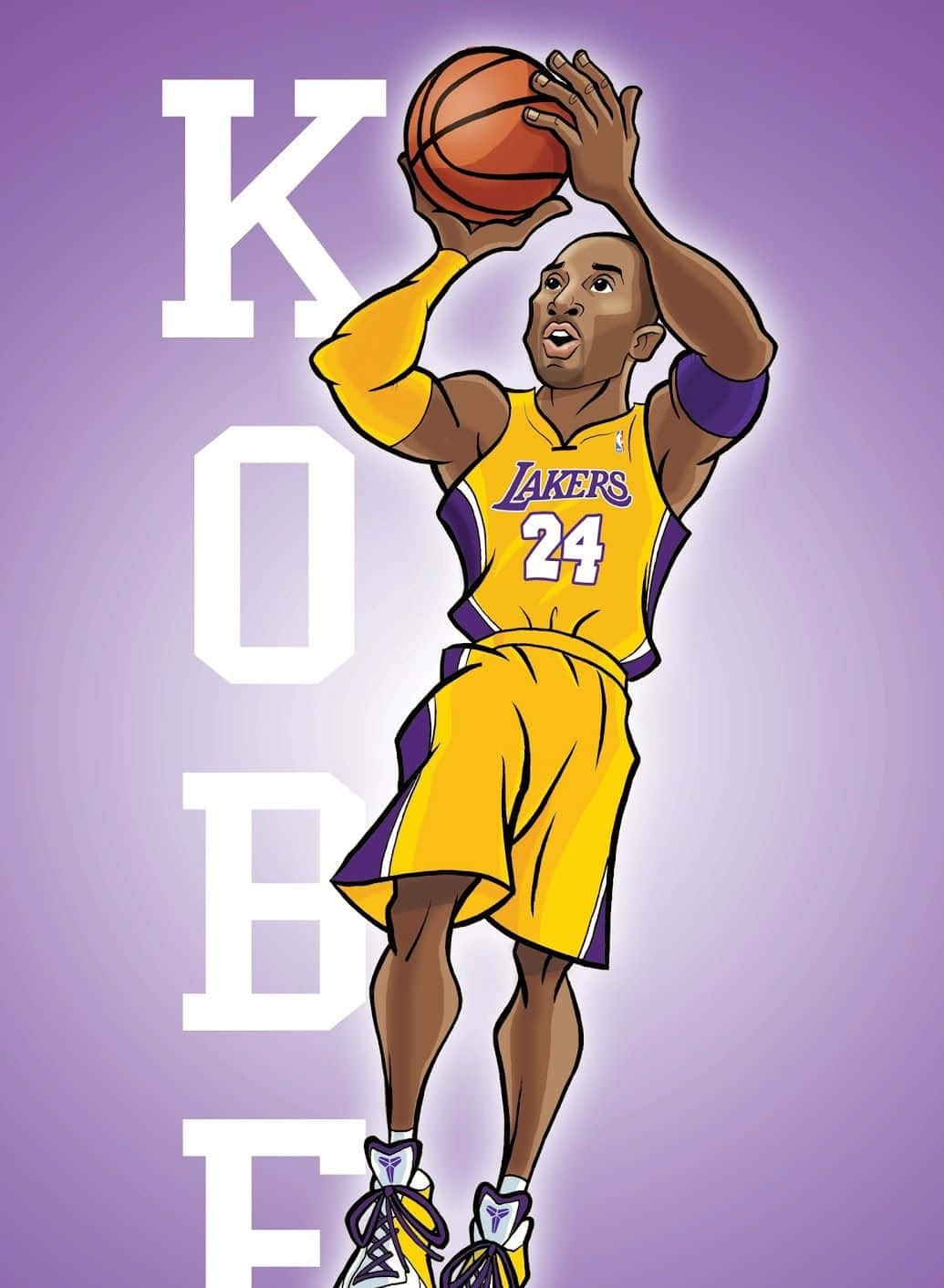 Kobe 桌布 壁紙 — 插圖描繪身穿湖人隊球衣的高比拜仁在紫色背景前投籃，他的名字垂直顯示。