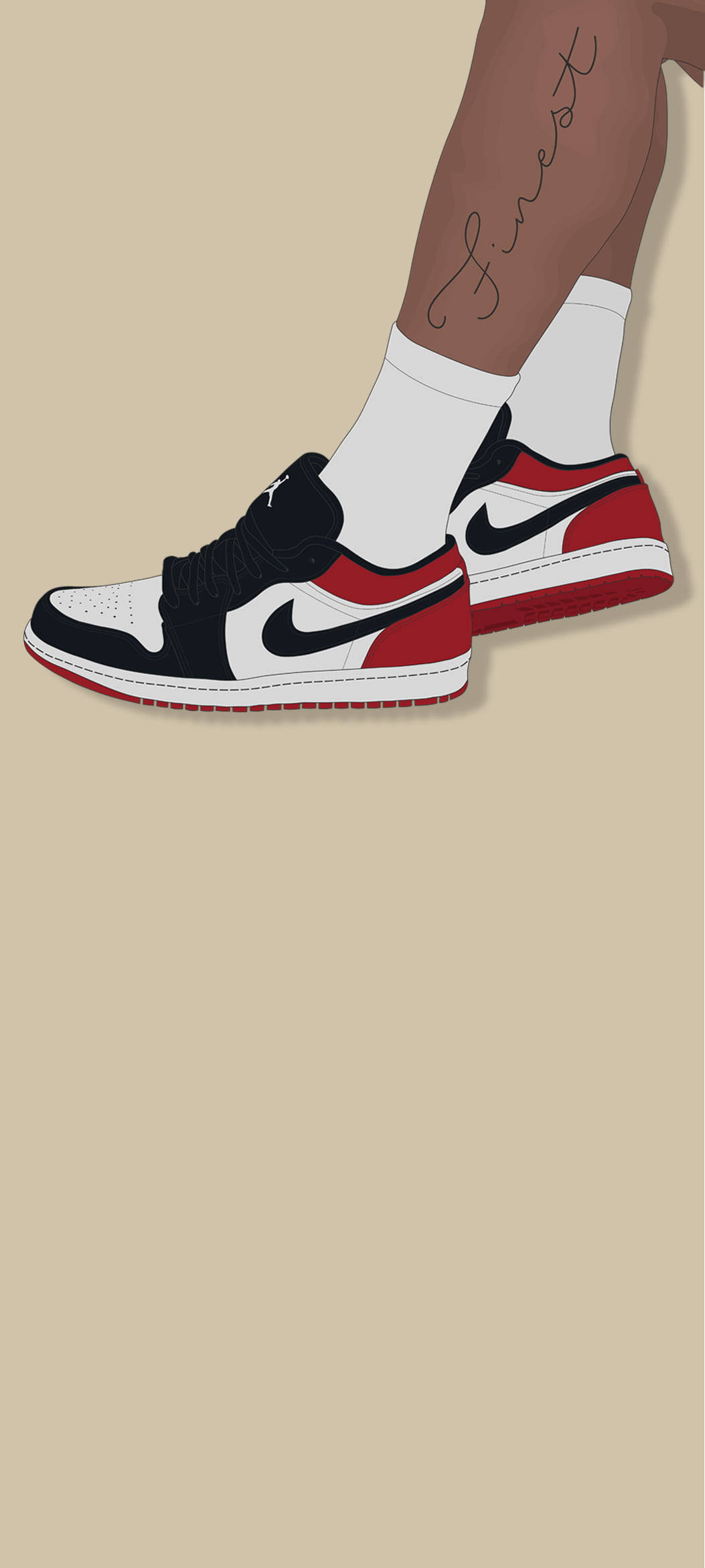 Nike Air Jordan 1 桌布 壁紙 — 插圖特寫，展示穿著黑白紅三色Nike運動鞋、白色襪子及有紋身的小腿，背景為米色。