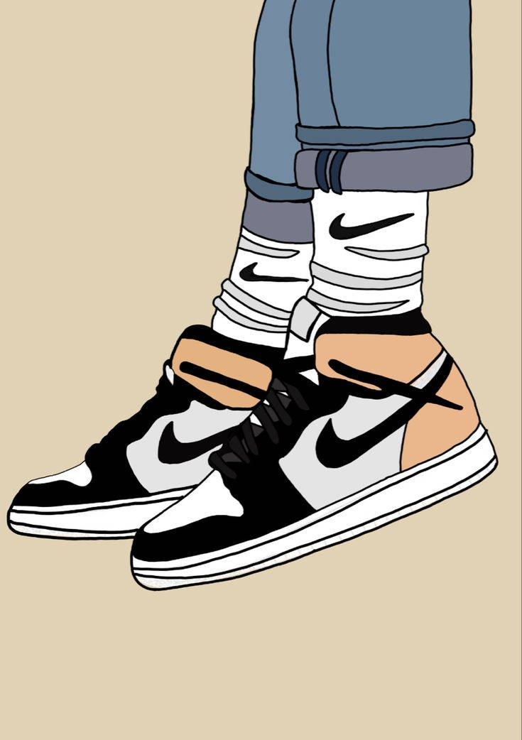 Nike Jordan 1 桌布 壁紙 — 插圖特寫時尚黑白Nike運動鞋，搭配捲起牛仔褲和品牌襪子，背景為米色。