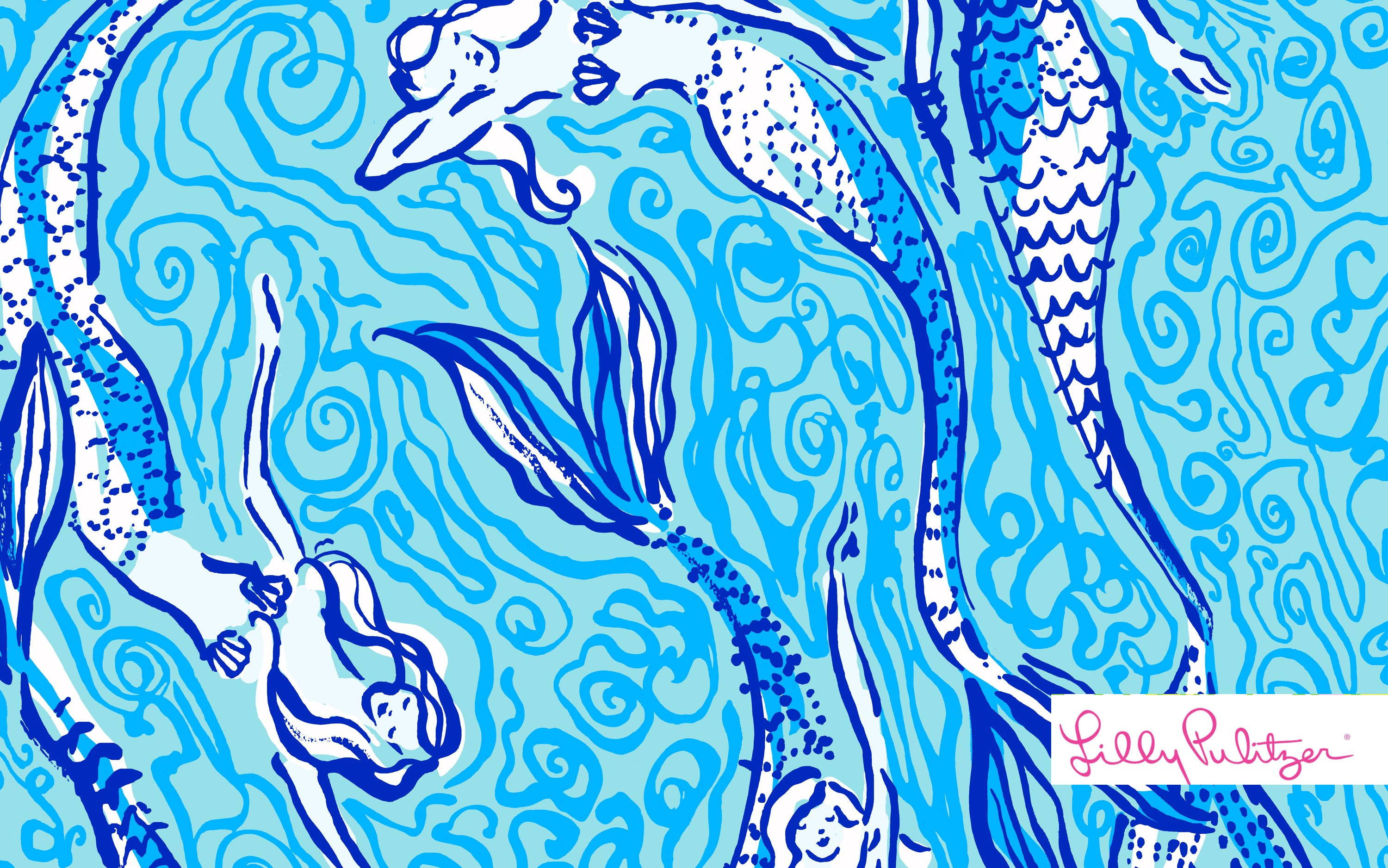 美人魚在旋轉的藍色海水中游動的圖案插圖。 — 美人魚 GIF 壁紙