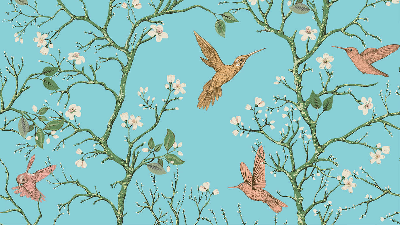 Spring Birds 桌布 壁紙 — 插圖蜂鳥在柔和的藍綠色背景下，在精緻的花枝間飛舞。