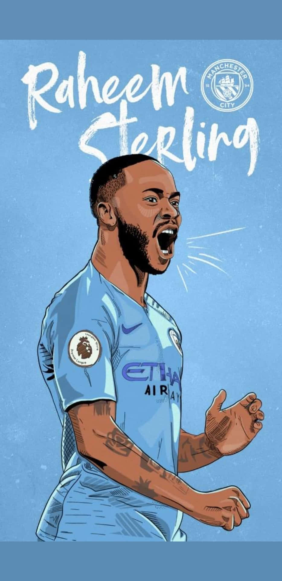 Sterling 桌布 壁紙 — 插圖足球員拉希姆·斯特林身穿曼城球衣，在紋理藍色背景前大喊，紋身清晰可見。