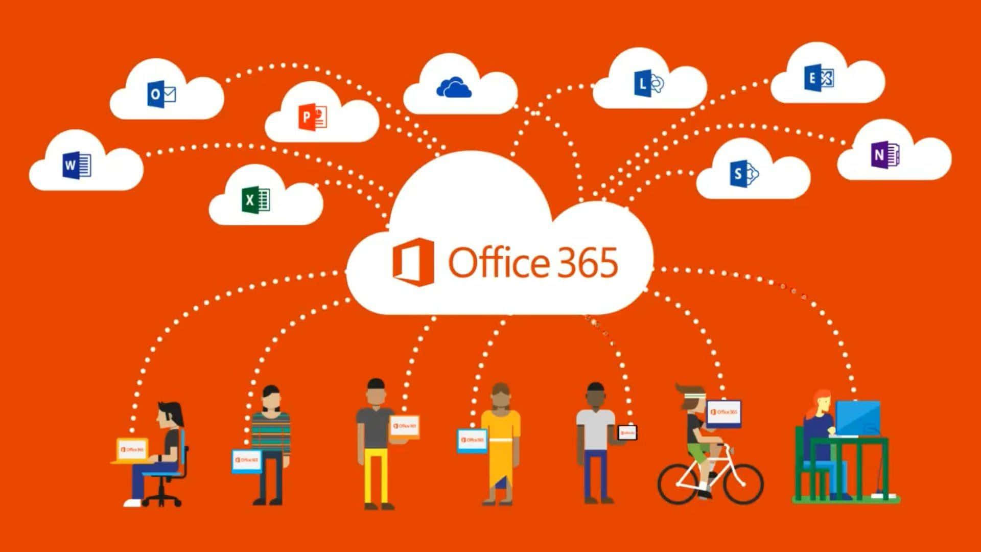 Office 365 桌布 壁紙 — 插圖顯示人們從連接至中央雲端的筆記型電腦、平板電腦和手機使用 Office 365 應用程式。