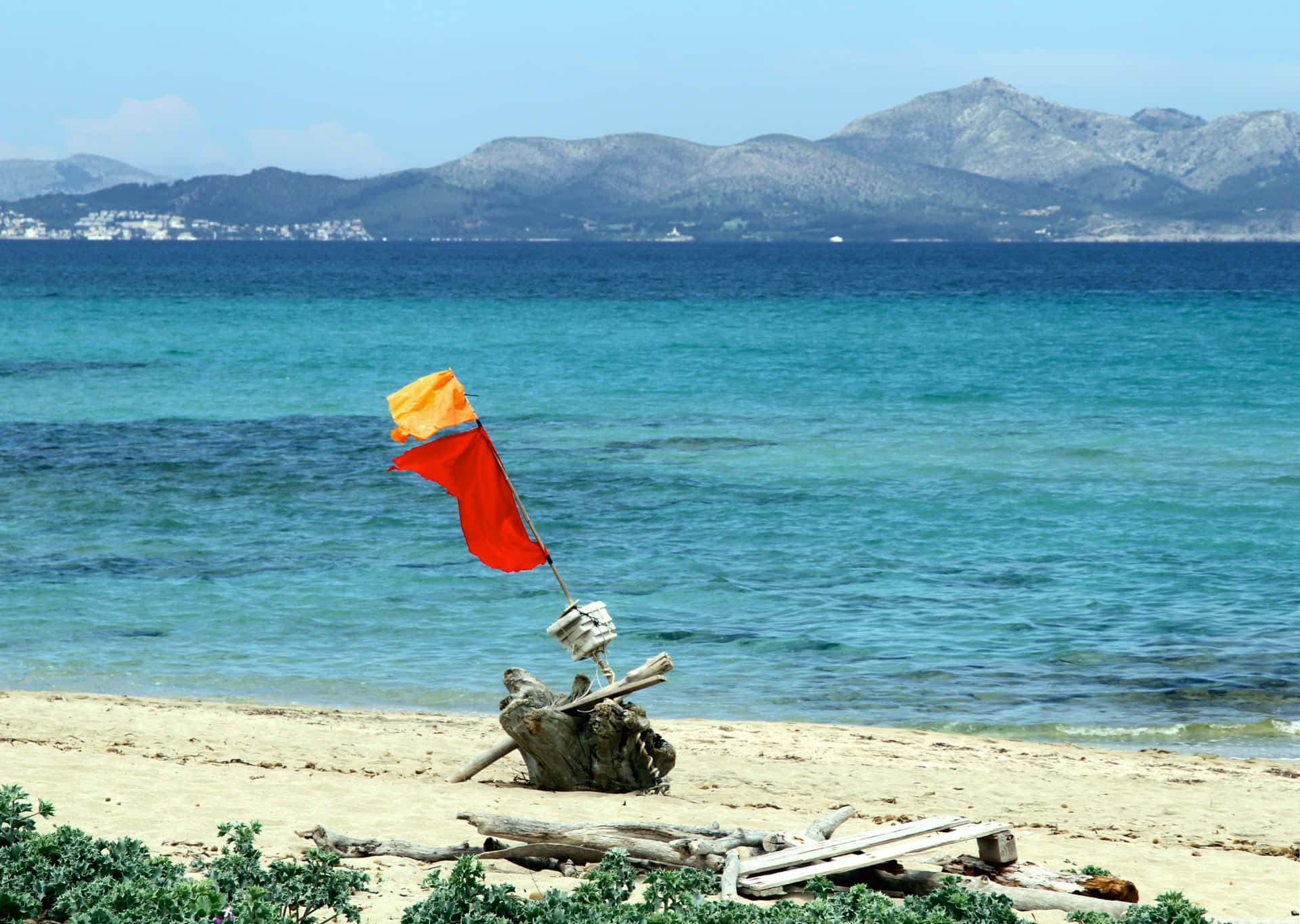 沙灘浮木上的紅黃色沙灘旗，配以碧綠海水和山巒。