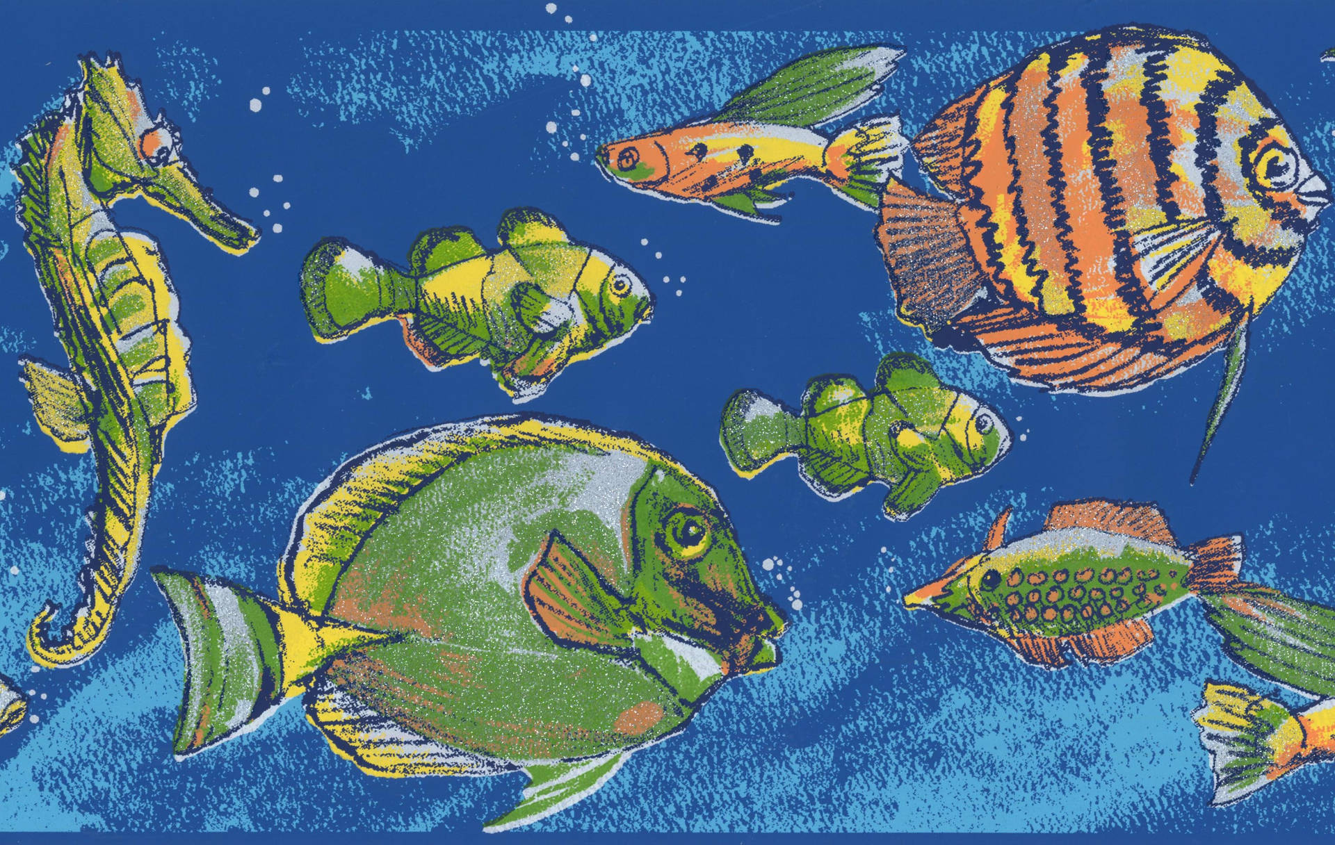 色彩繽紛的卡通魚和海馬在藍色海洋中游動，帶有氣泡。 — 東鎮馬場 壁紙
