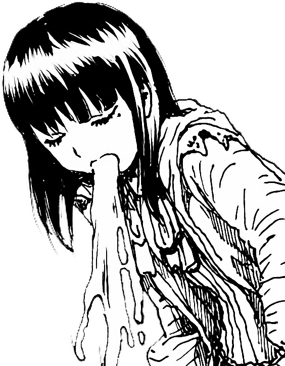 插畫女孩嘔吐 壁紙 — 一個黑白動畫長髮女孩向前傾，濃稠液體從她嘴裡滴到胸前。