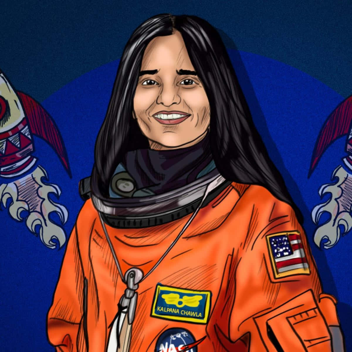 插畫家 Kalpana Chawla 宇航員肖像 壁紙 — 一幅充滿活力的數位插圖，描繪太空人卡爾帕娜·喬拉穿著橙色NASA太空服微笑，背景為深藍色並帶有風格化火箭。
