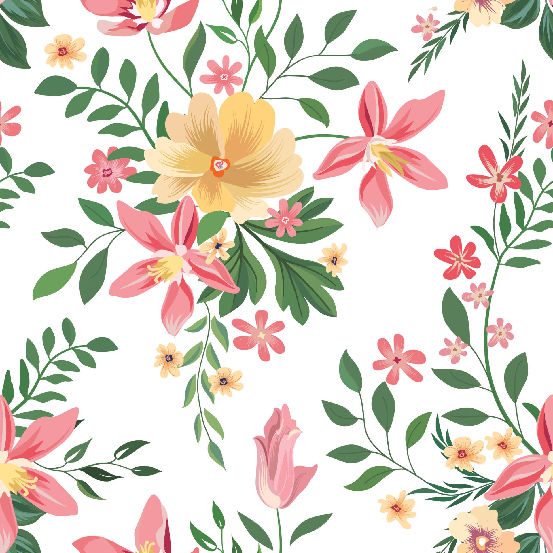 彩色花卉插圖，白色背景上綻放粉紅、黃色和綠色花朵。