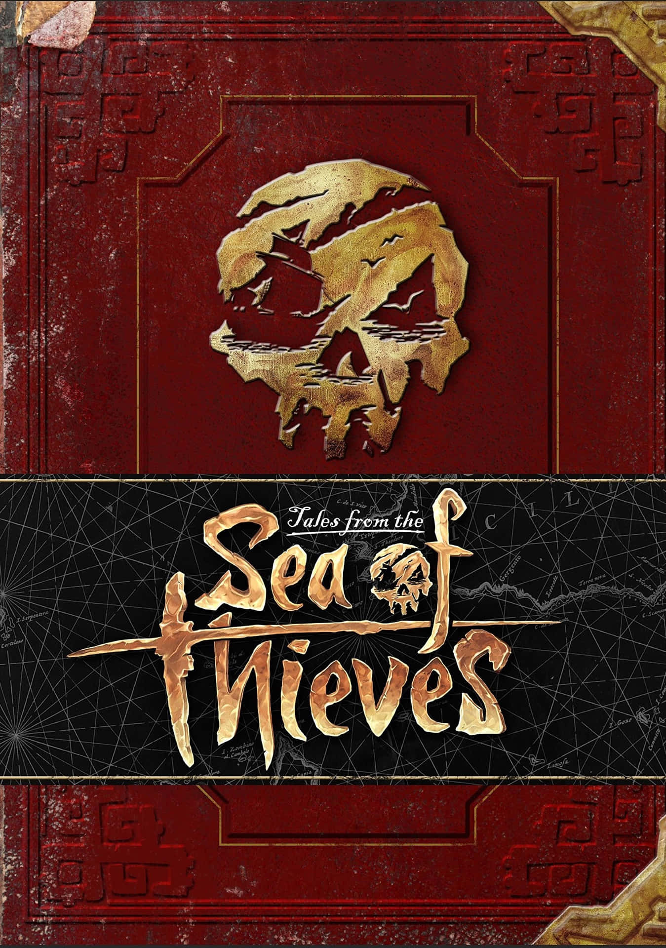 《Tales from the Sea of Thieves》的封面藝術，紅色書設計上有一個金色骷髏。