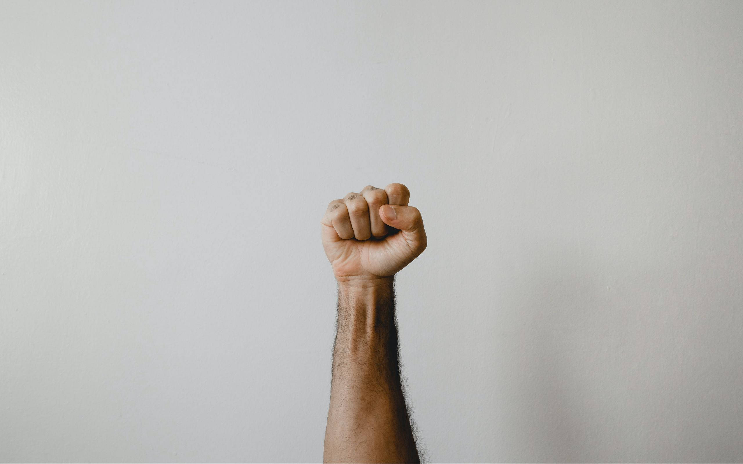 握拳高舉：表示「OK」與勝利 壁紙 — 一隻舉起的拳頭對著純白牆壁，象徵力量與團結。