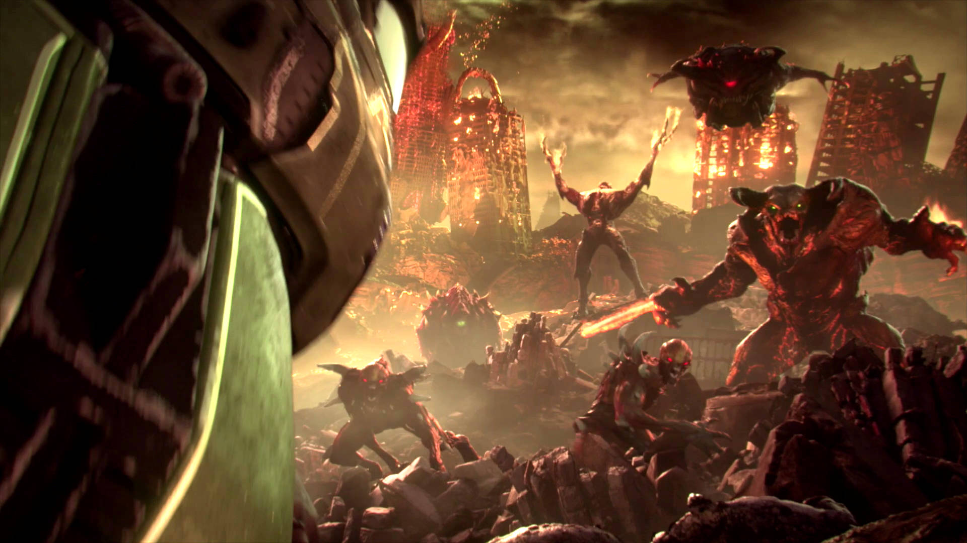 揭開《Doom Eternal》的奧秘 壁紙 — 一名戰士挑釁地站在瓦礫上，而怪物般的生物在燃燒的廢墟城市中攻擊。
