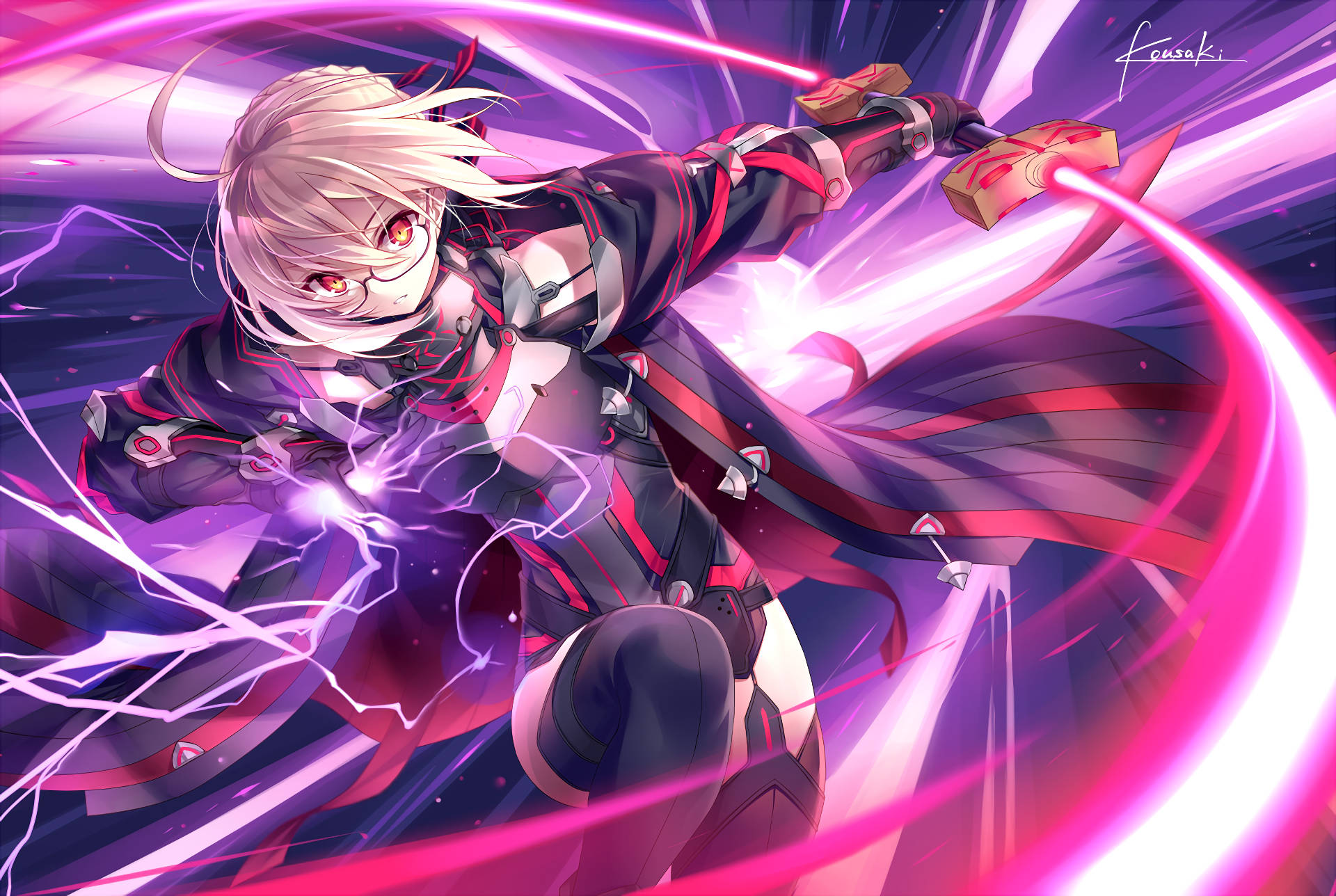 揭開 Fate Grand Order 的神秘面紗 壁紙 — 一個動態的白髮紅眼動漫女孩，在充滿活力的紫色和粉紅色宇宙背景下揮舞著發光的粉紅色能量刃。