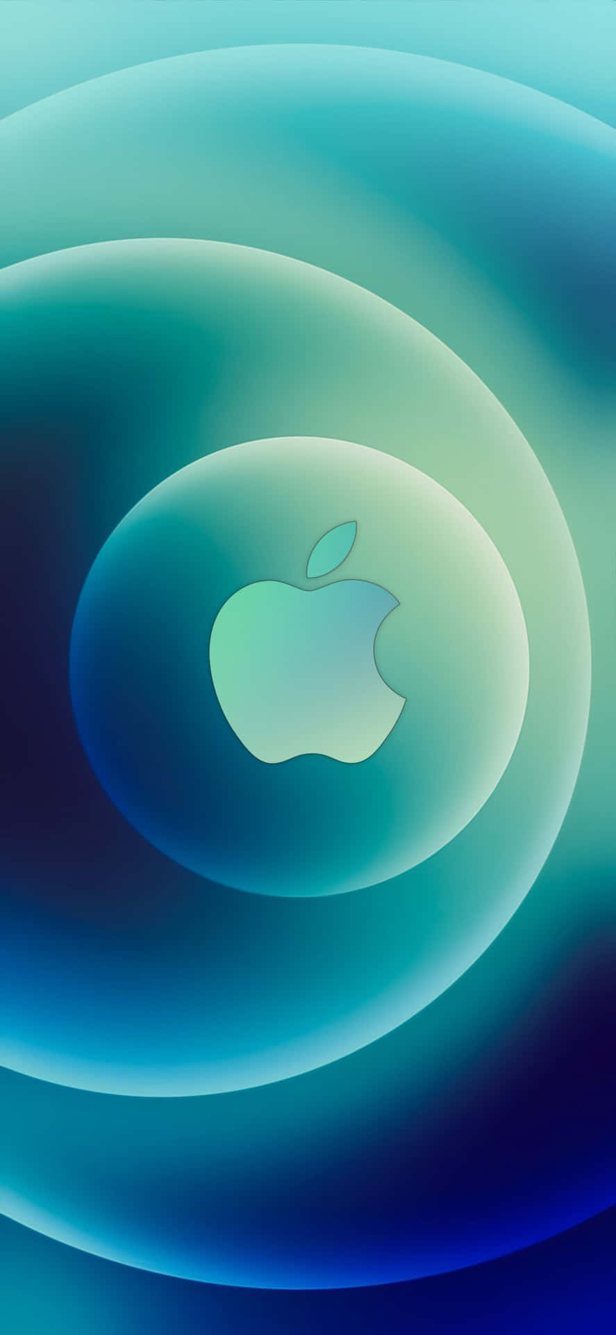 Apple 標誌在浮動的半透明球體內，背景為藍色青綠色漸變。