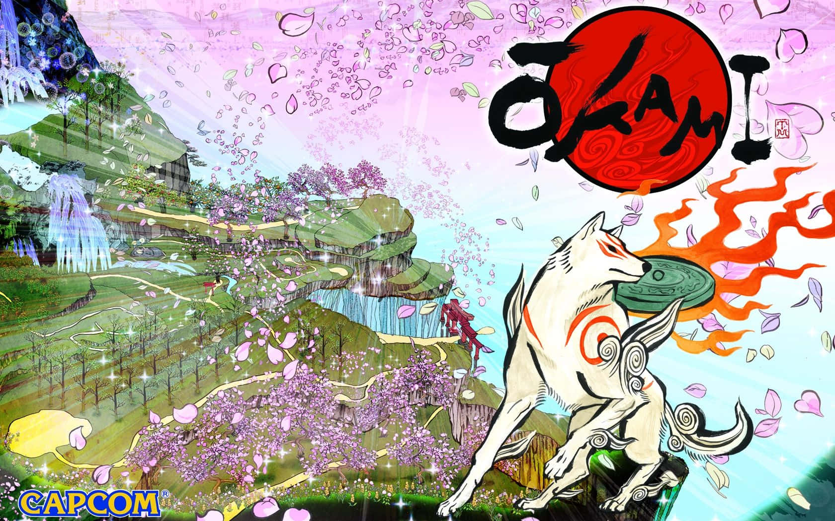 一隻帶有紅色標記的白狼在紅太陽下躍過櫻花景觀。