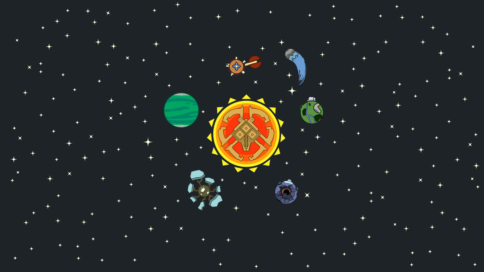 一個卡通太陽系，有太陽和行星在太空中運行。