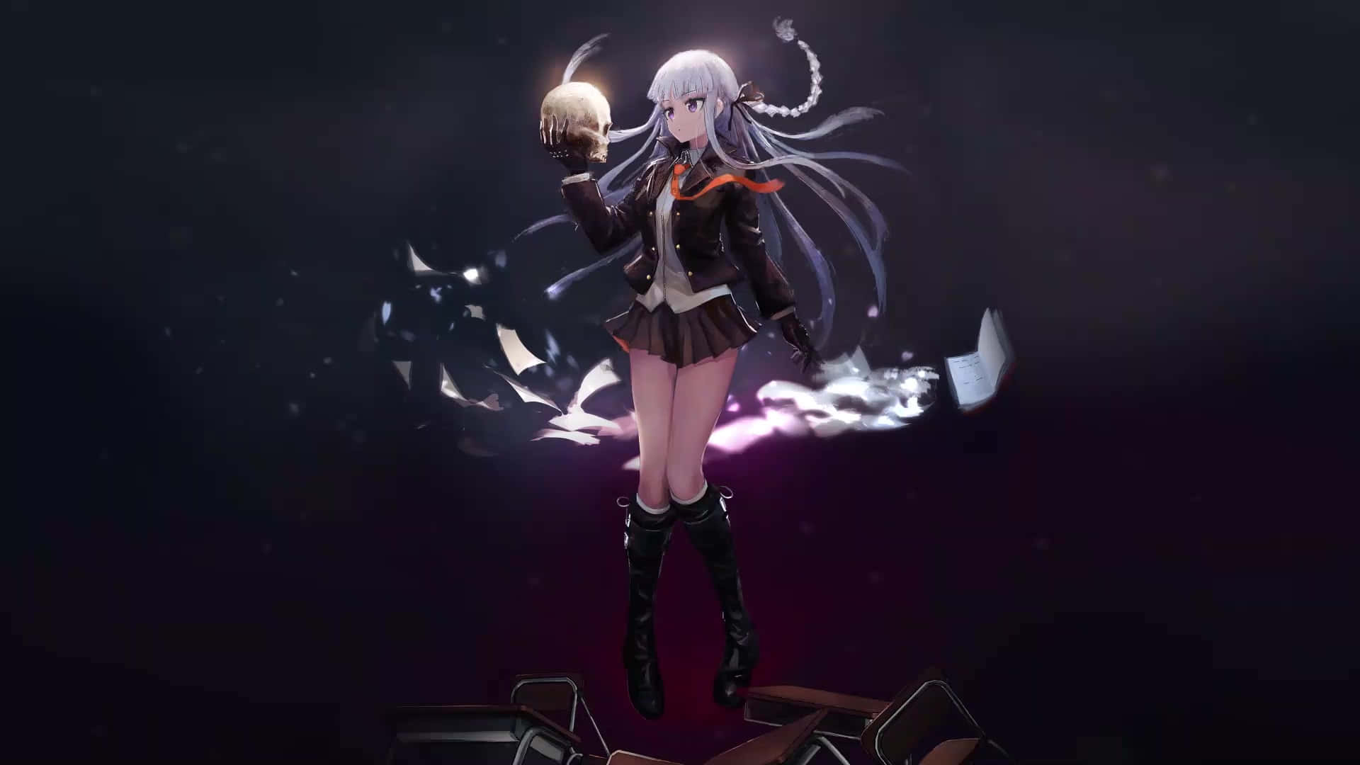銀髮動漫少女手持頭骨，漂浮在破爛椅子上方，紙張旋轉。