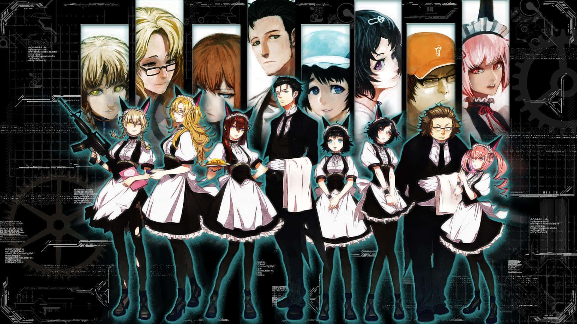揭開Steins Gate的奧秘 壁紙 — 一群穿著女僕裝的動漫角色站在垂直肖像面板前，背景為深色科技主題。